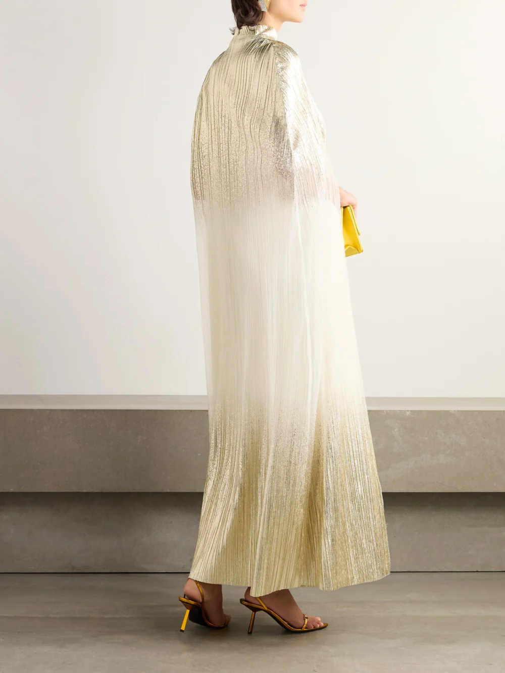 Back view of the Dima Ayad Metallic Plissé-tulle Gown and Cape Set