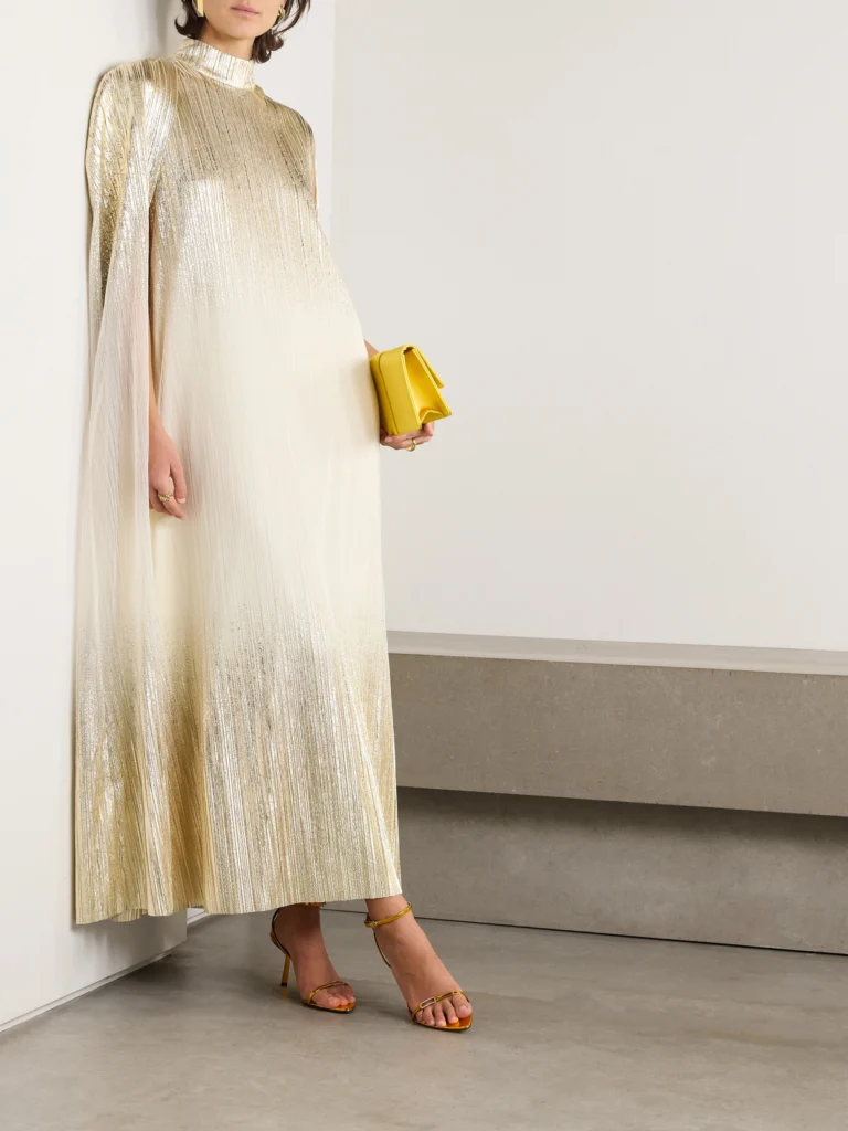 Dima Ayad Metallic Plissé-tulle Gown and Cape Set