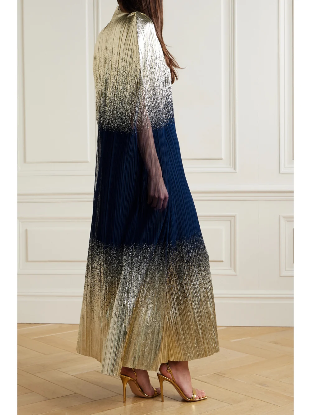 Back view of the Dima Ayad Metallic Plissé-tulle Gown and Cape Set