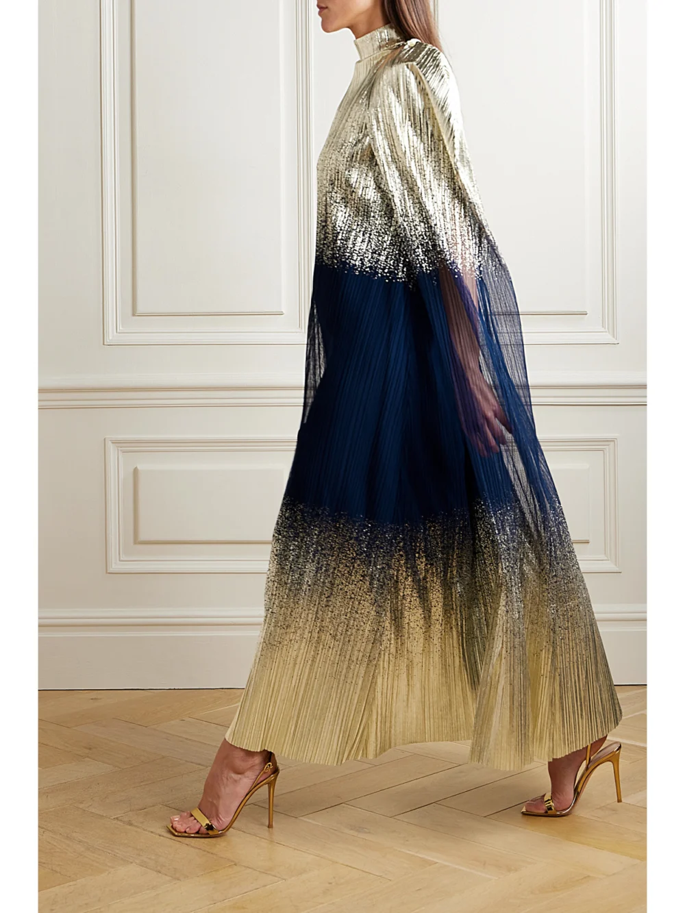 Dima Ayad Metallic Plissé-tulle Gown and Cape Set, worn by a model