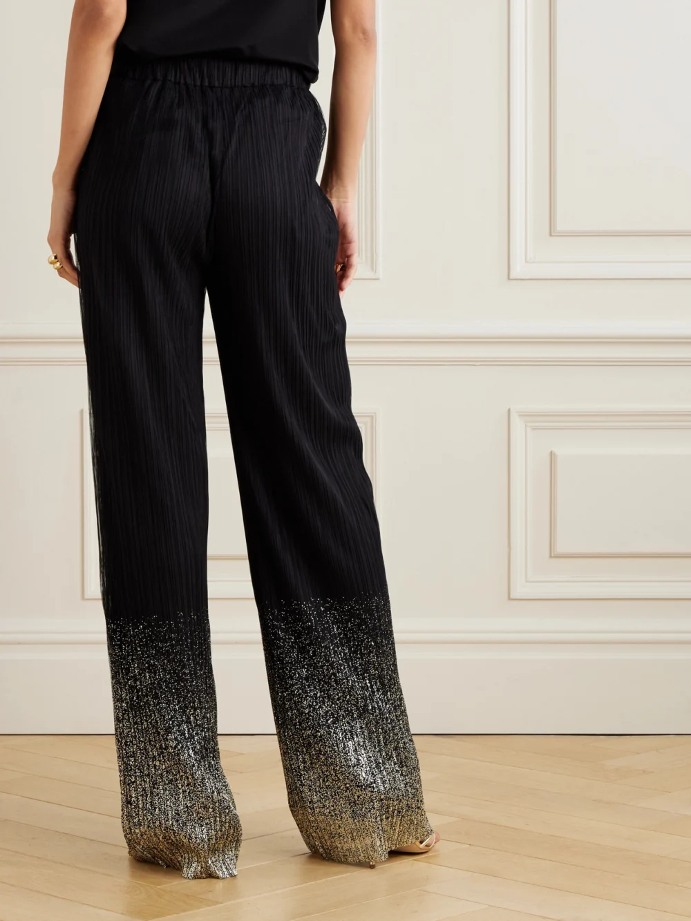 Back view of the Dima Ayad Metallic Plissé-tulle Wide-leg Pants
