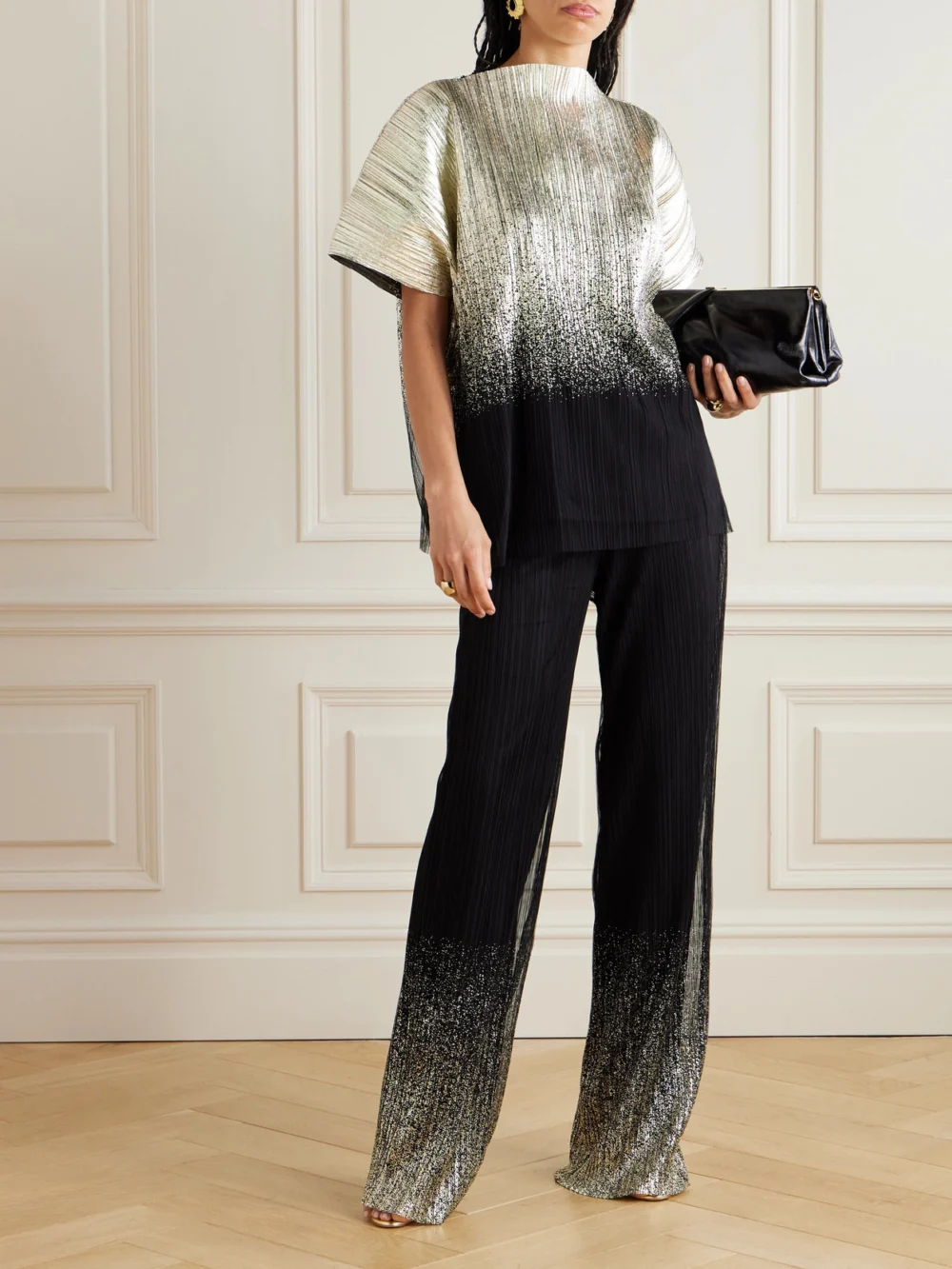 Dima Ayad Metallic Plissé-tulle Wide-leg Pants, worn by a model