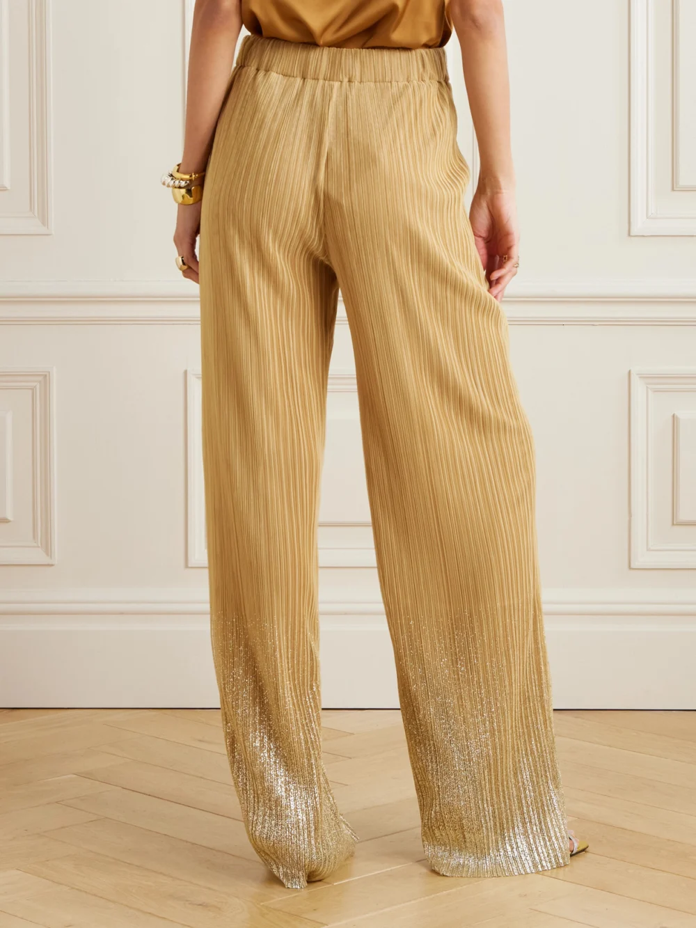 Back view of the Dima Ayad Metallic Plissé Tulle Wide-leg Pants