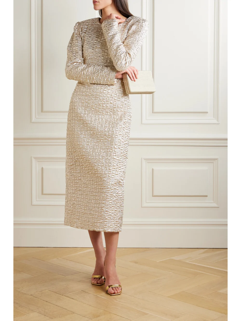 Dima Ayad Metallic Popcorn Midi Dress, worn by a model