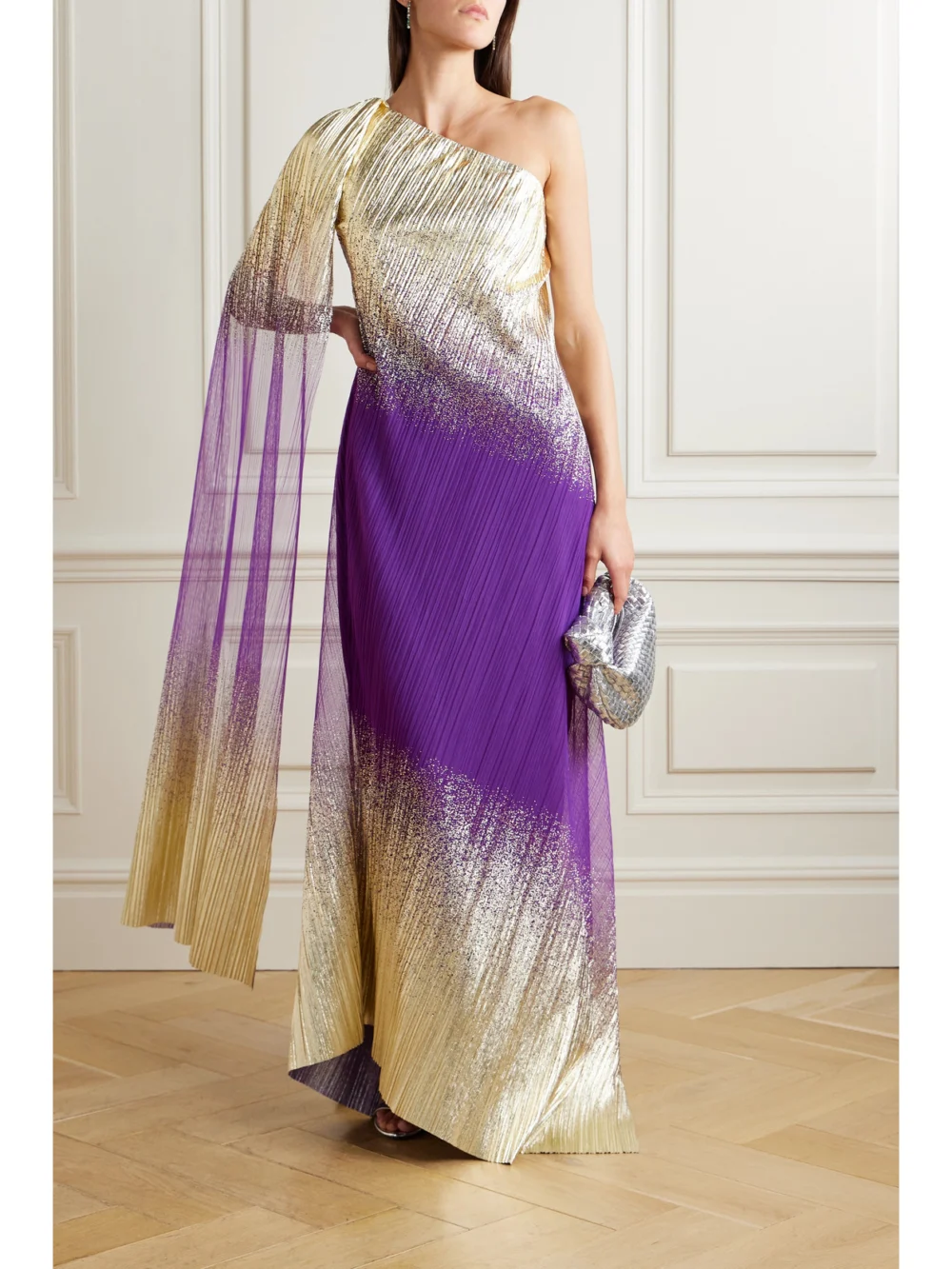 Dima Ayad One-shoulder Ombré Metallic Plissé-tulle Gown, worn by a model