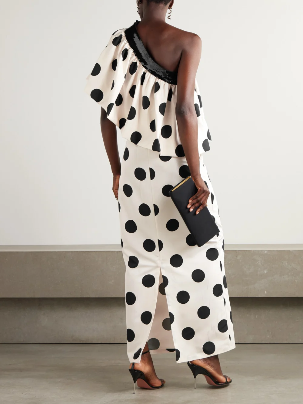 Back view of the Dima Ayad One-shoulder Sequined Polka-dot Faille Maxi Dress