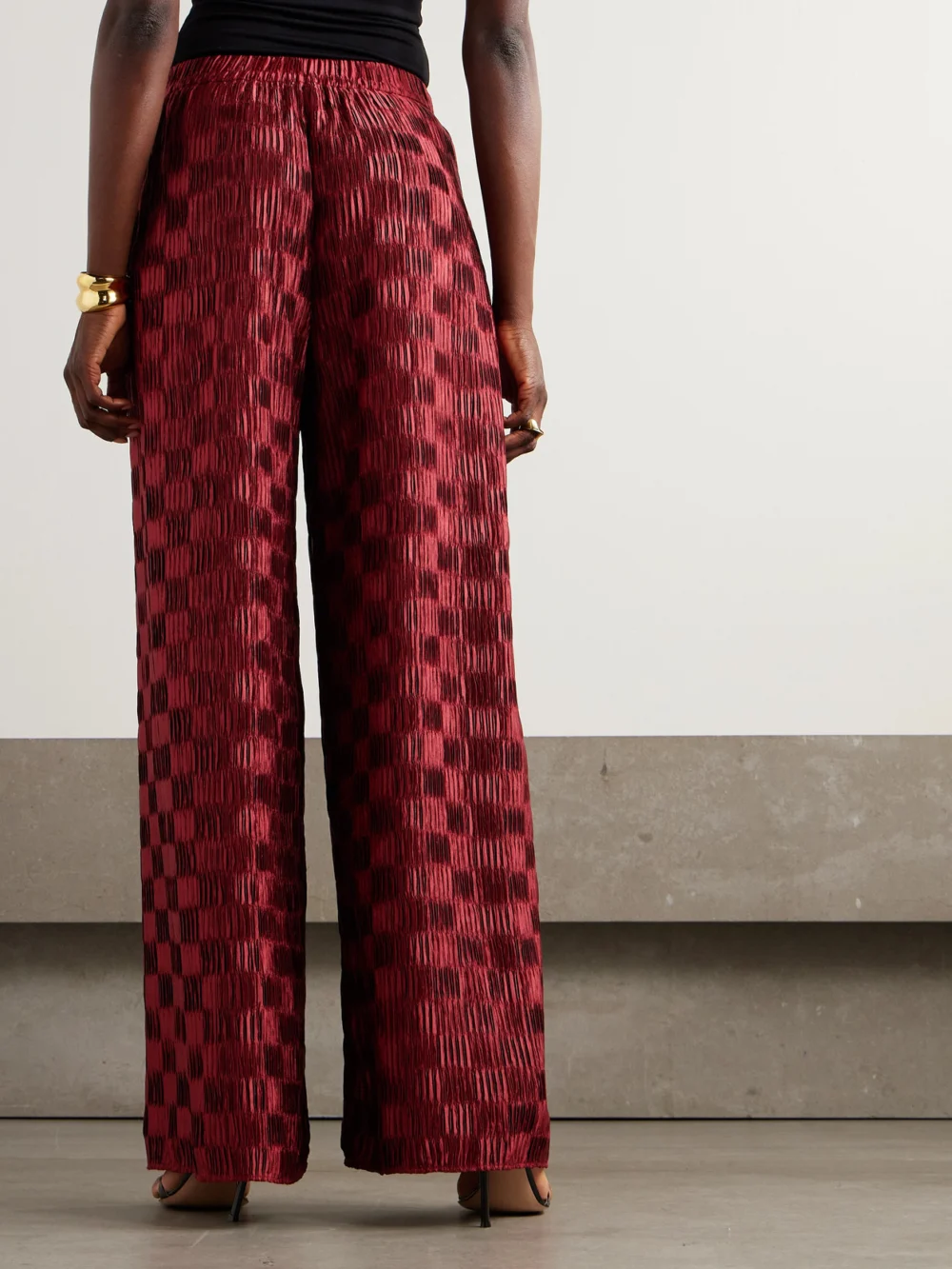 Back view of the Dima Ayad Plissé-satin Wide-leg Pants