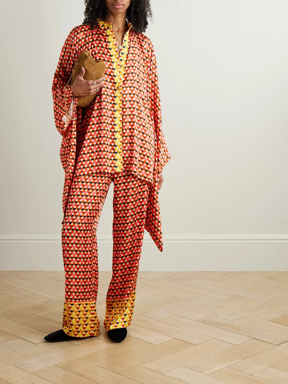 Dima Ayad Printed Satin Wide-leg Pants, worn by a model