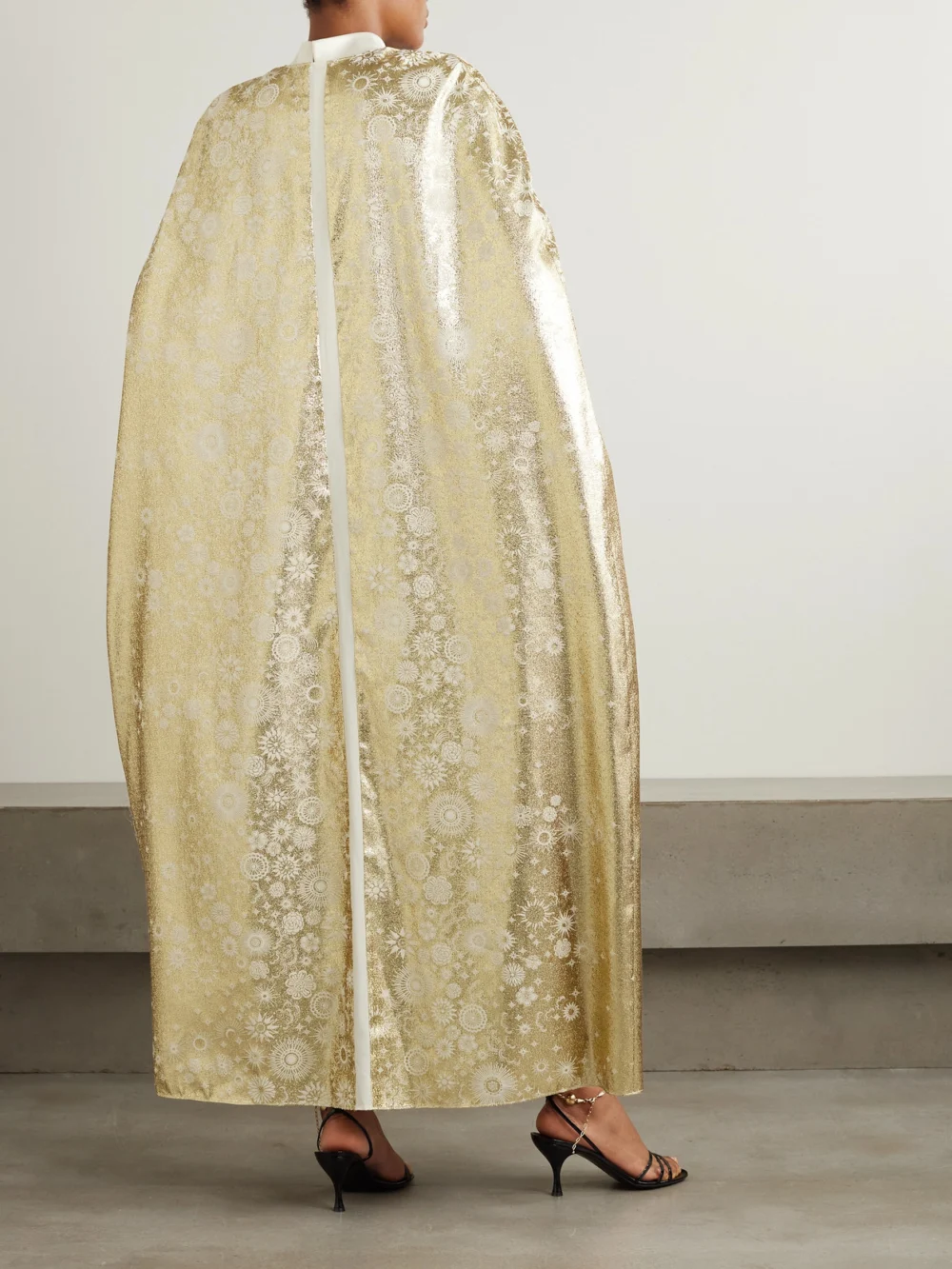 Back view of the Dima Ayad Satin and Metallic Jacquard Satin Gown and Cape Set