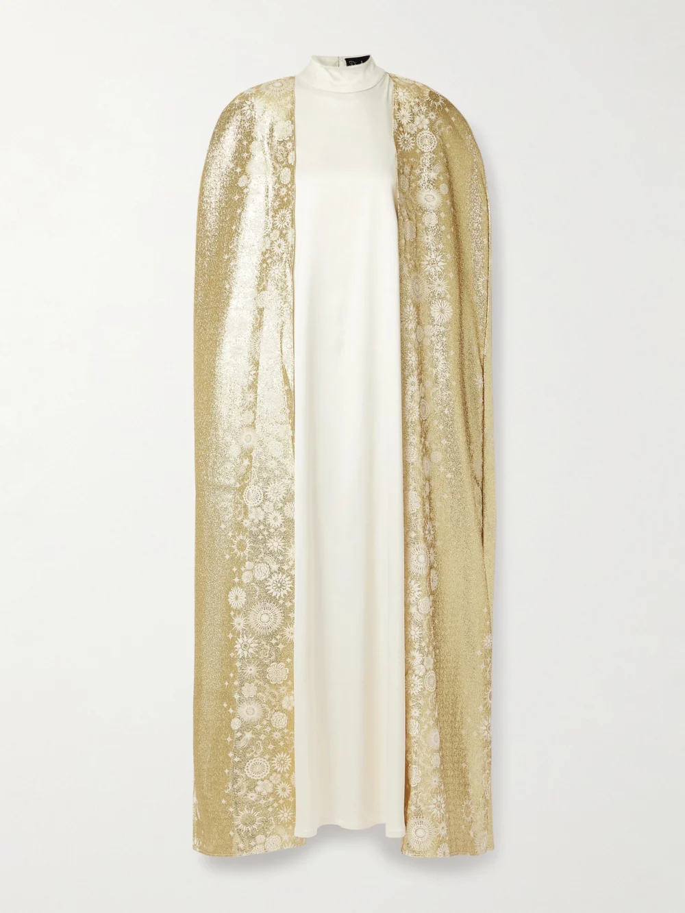 Dima Ayad Satin and Metallic Jacquard Satin Gown and Cape Set in cream