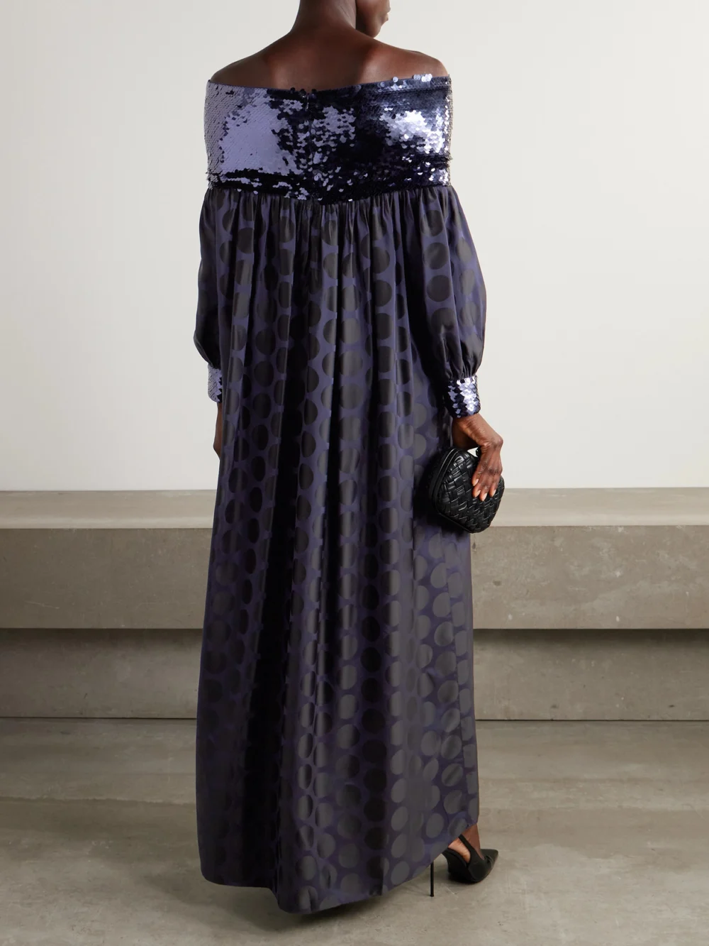 Back view of the Dima Ayad Sequin-embellished Polka-dot Poplin Gown