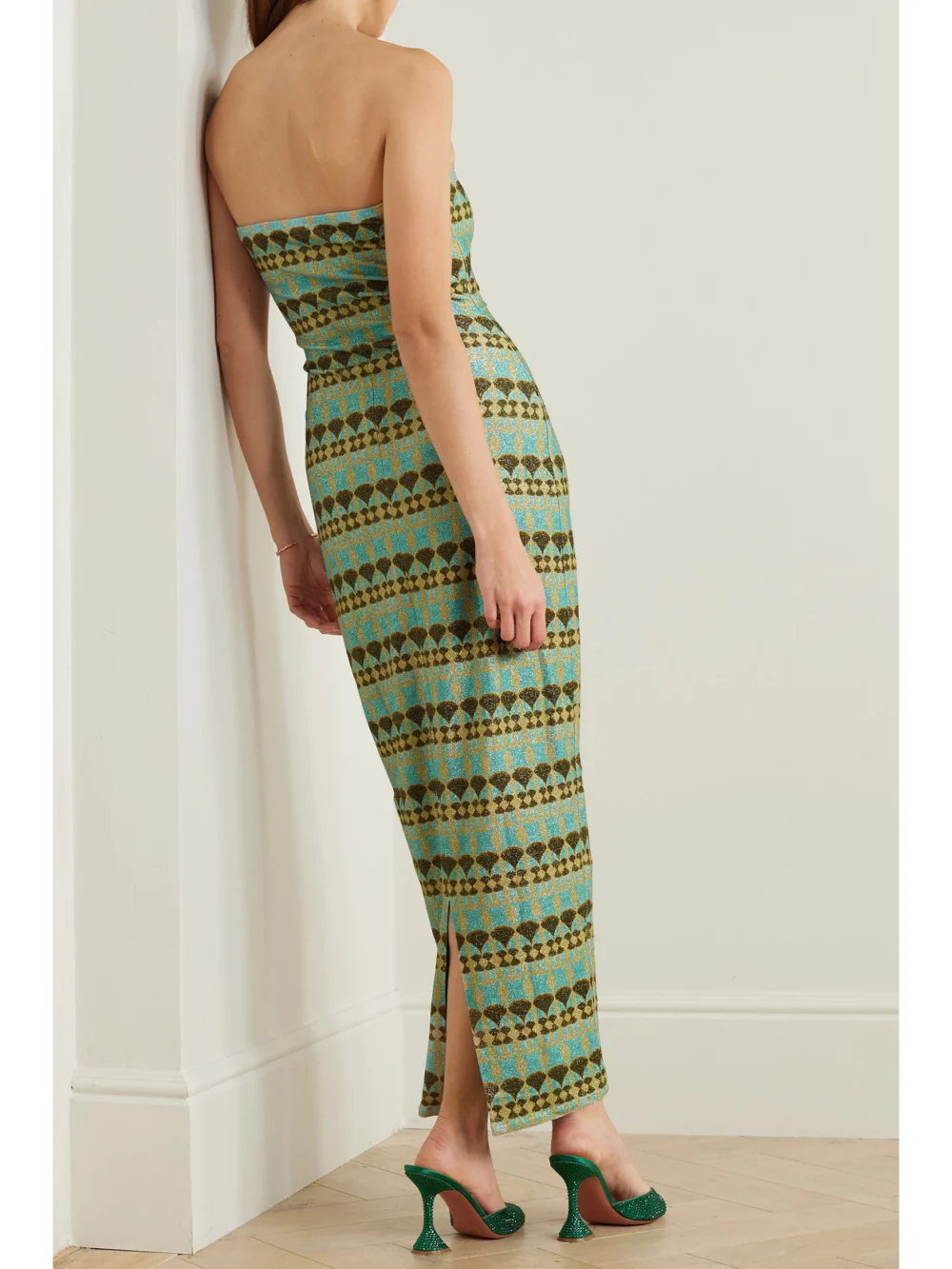 Back view of the Dima Ayad Strapless Metallic Jacquard-knit Maxi Dress