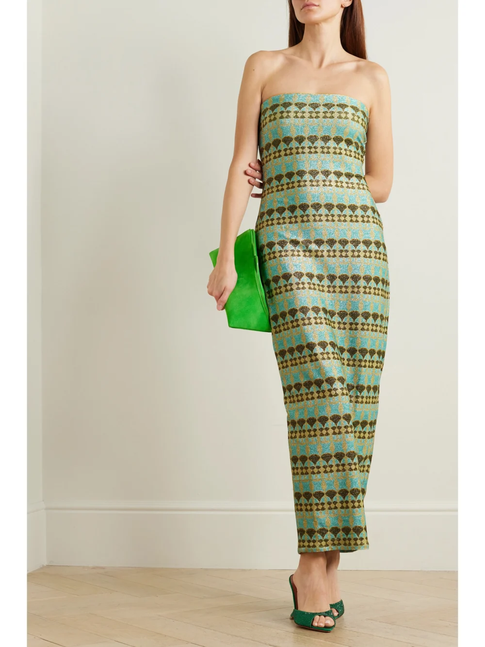 Dima Ayad Strapless Metallic Jacquard-knit Maxi Dress, worn by a model