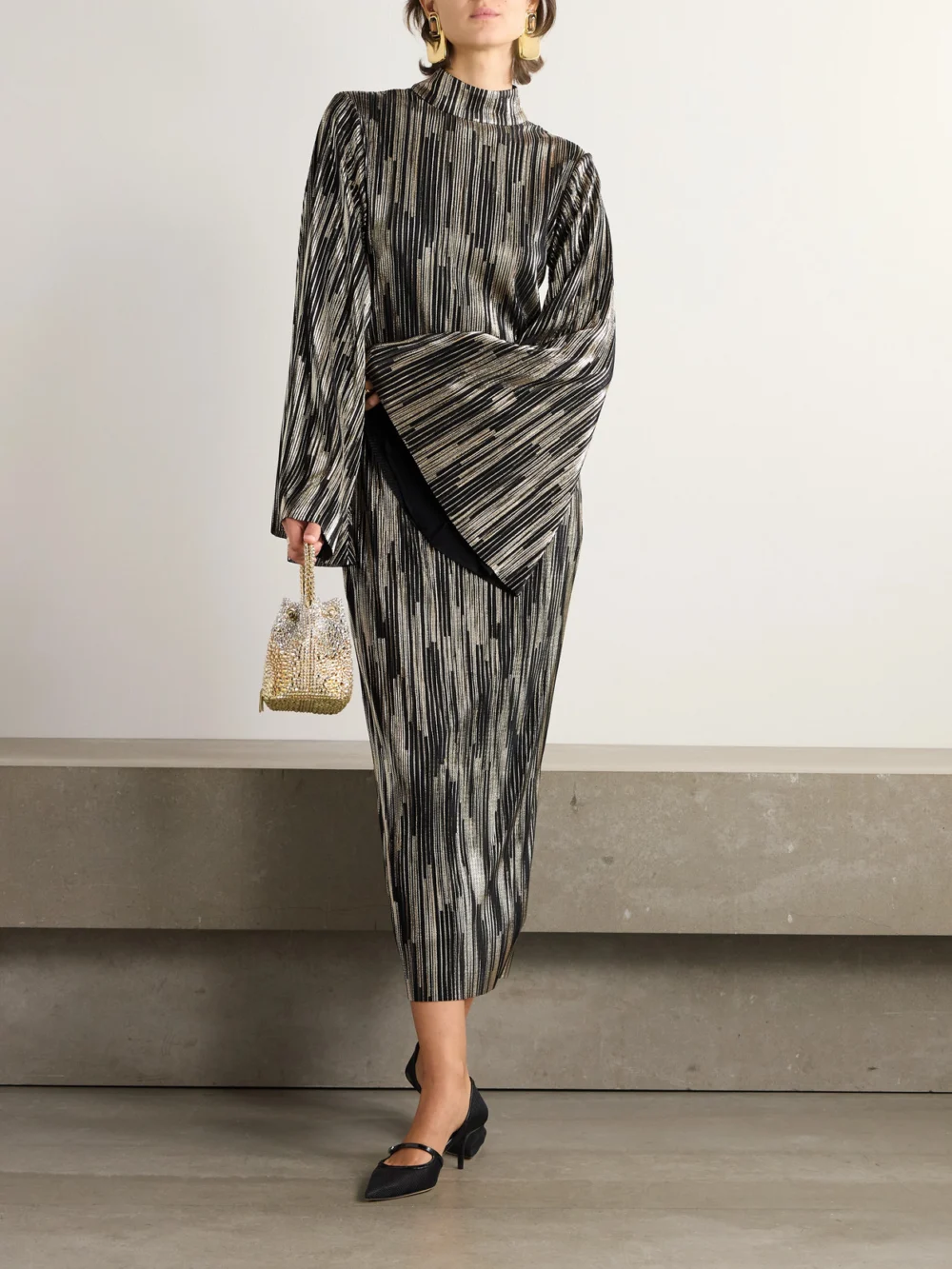 Dima Ayad Turtleneck Metallic Plissé Midi Dress, worn by a model
