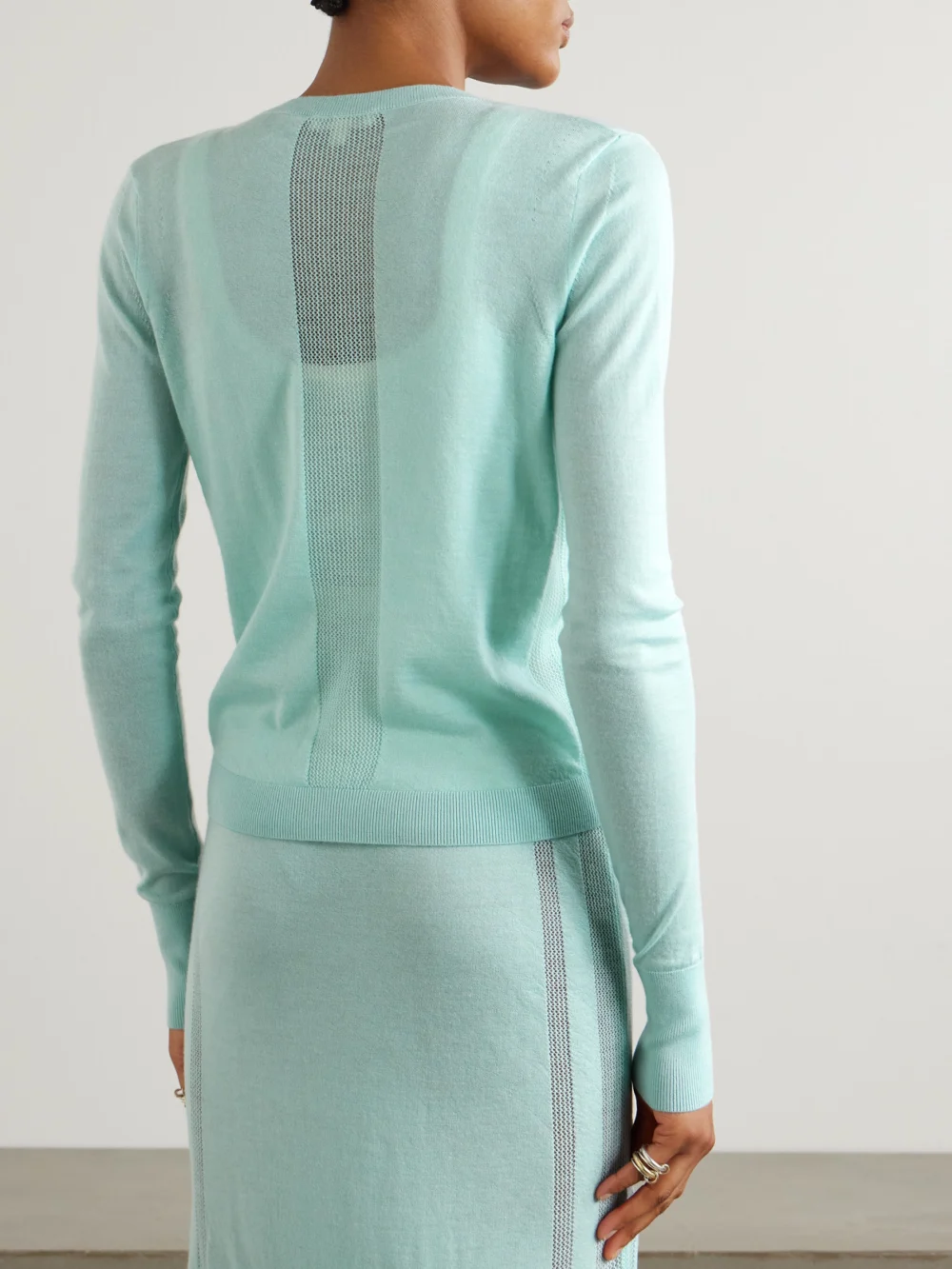 Back view of the Diotima Barton Pointelle-knit Cashmere Henley Sweater