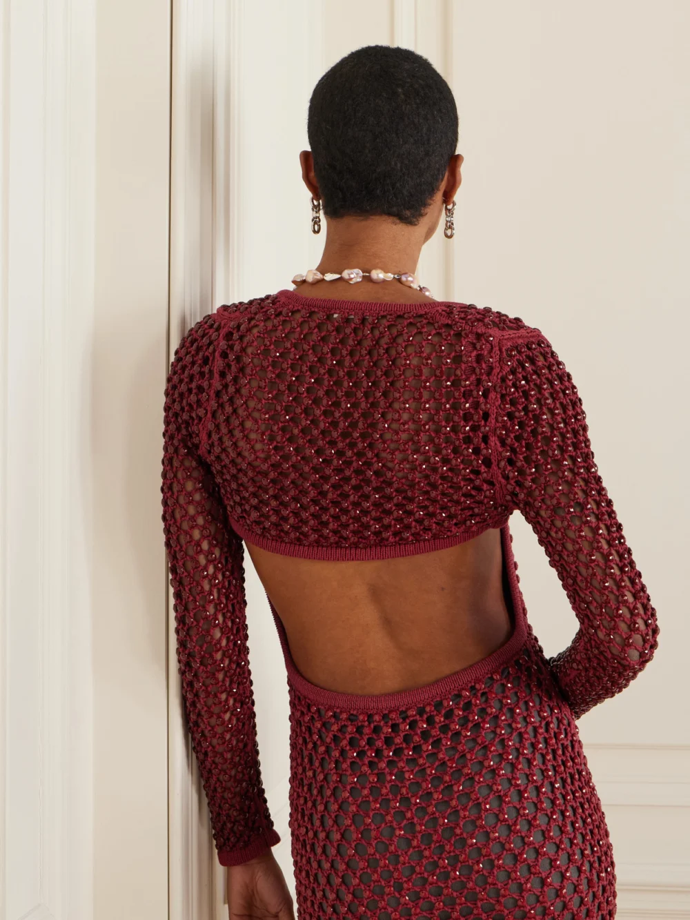 Back view of the Diotima Gala Cropped Embellished Crocheted Cotton-blend Cardigan