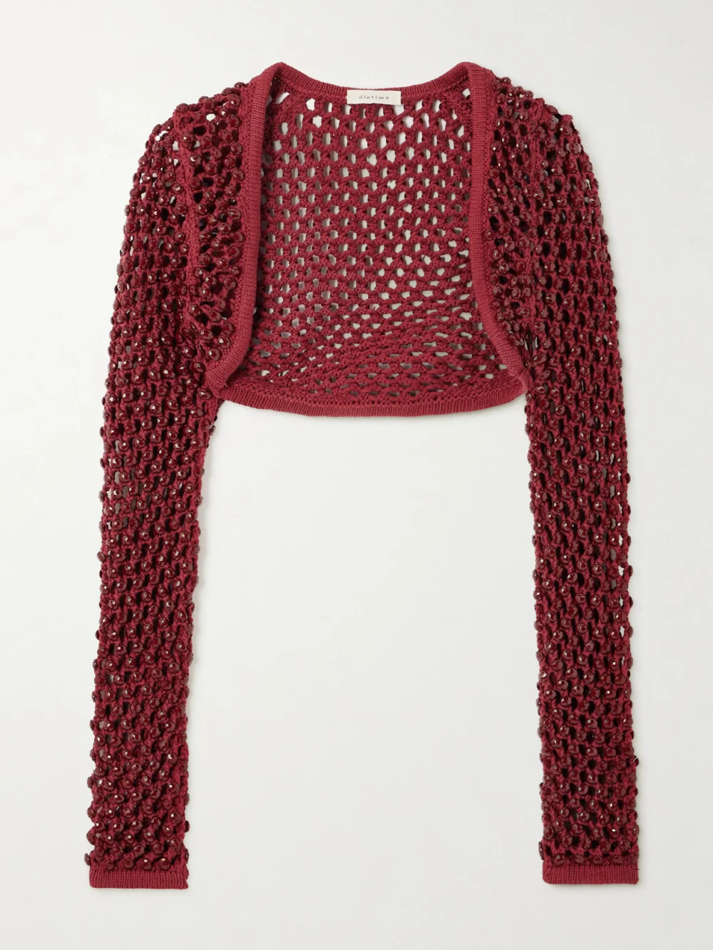 Diotima Gala Cropped Embellished Crocheted Cotton-blend Cardigan in red