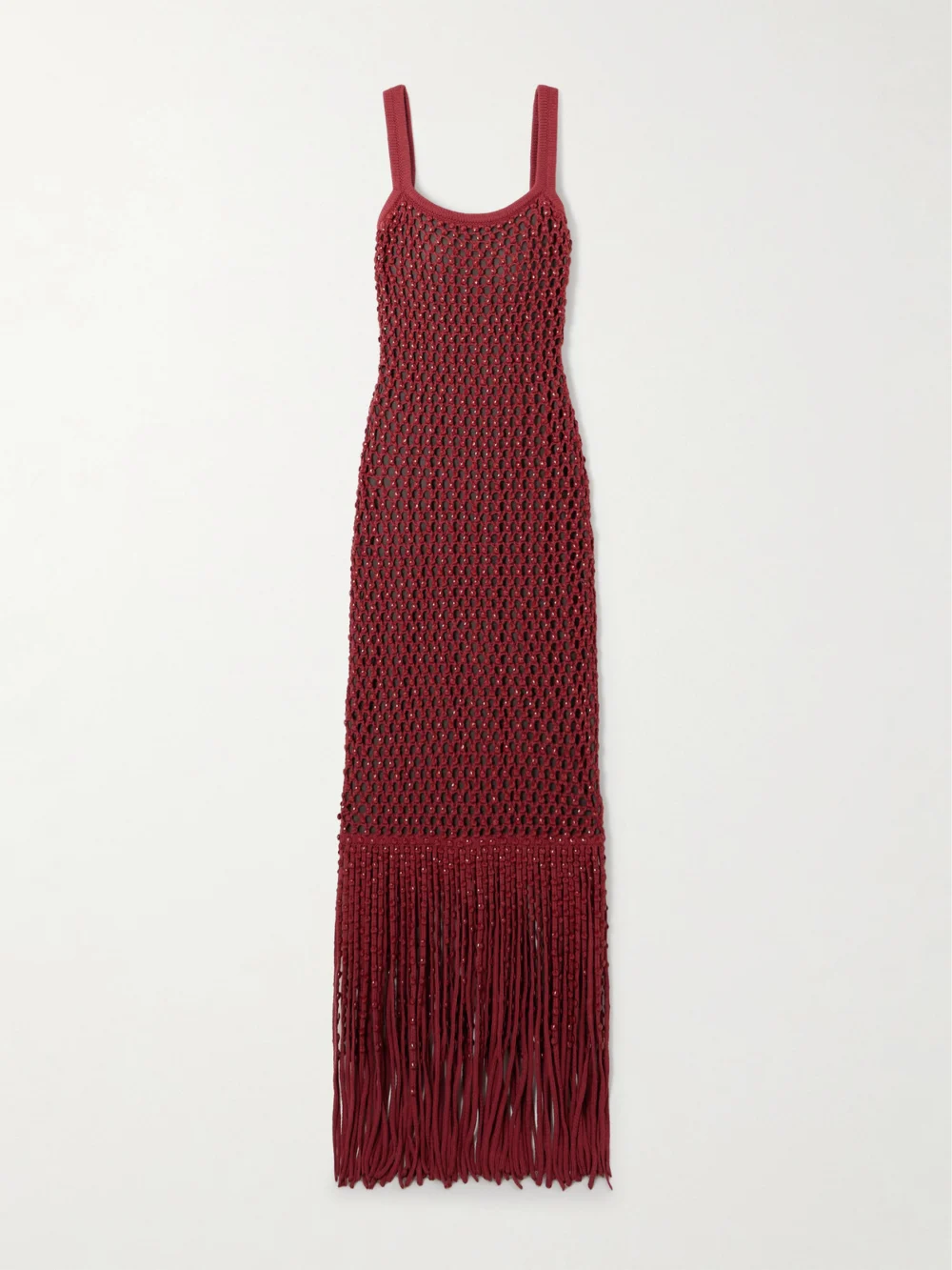 Diotima Gala Open-back Fringed Embellished Crocheted Cotton-blend Gown in red