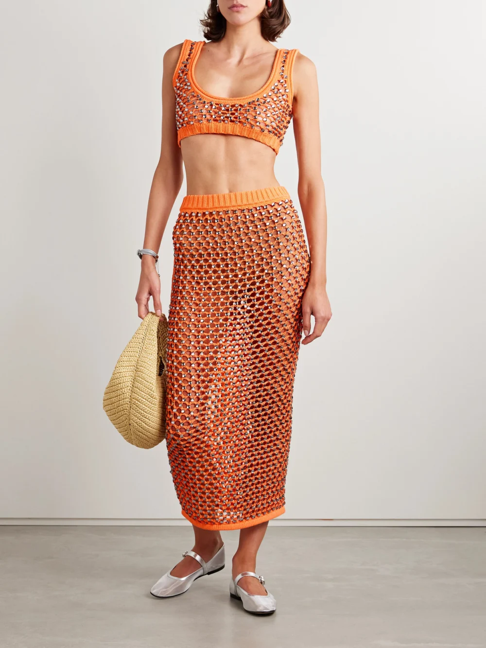 Diotima Lady Cropped Beaded Crocheted Cotton-blend Top, worn by a model