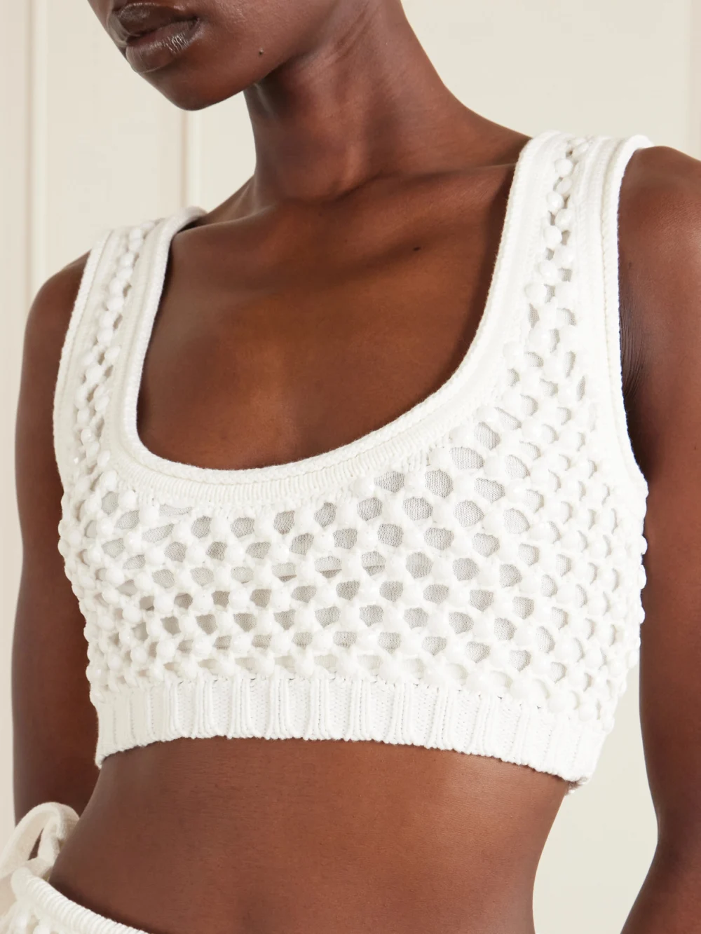 Close-up detail of the Diotima Lady Cropped Crocheted Cotton-blend Bralette Top
