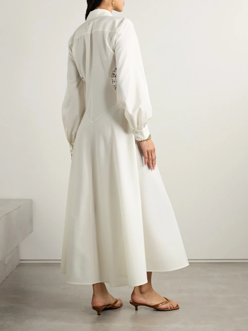 Back view of the Diotima Lewis Crocheted Cotton-trimmed Wool Maxi Shirt Dress