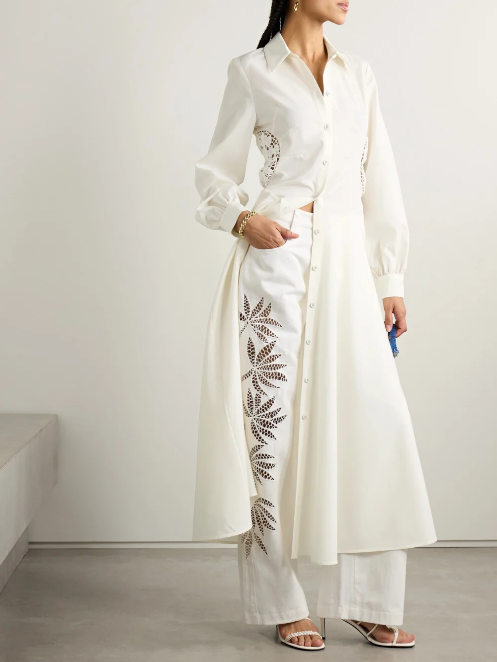 Diotima Lewis Crocheted Cotton-trimmed Wool Maxi Shirt Dress, worn by a model