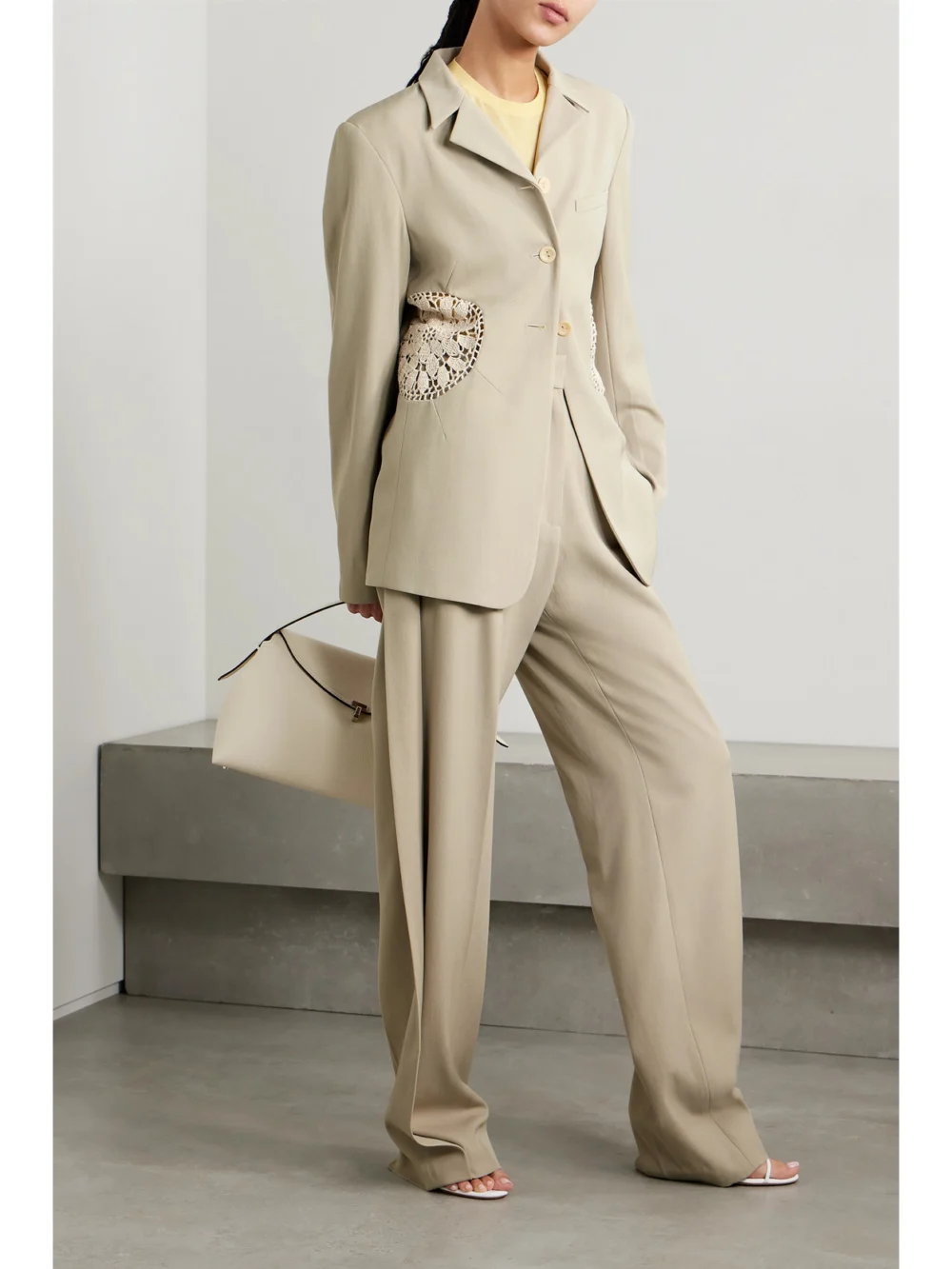 Diotima Long Tower Crochet-trimmed Wool-twill Blazer, worn by a model