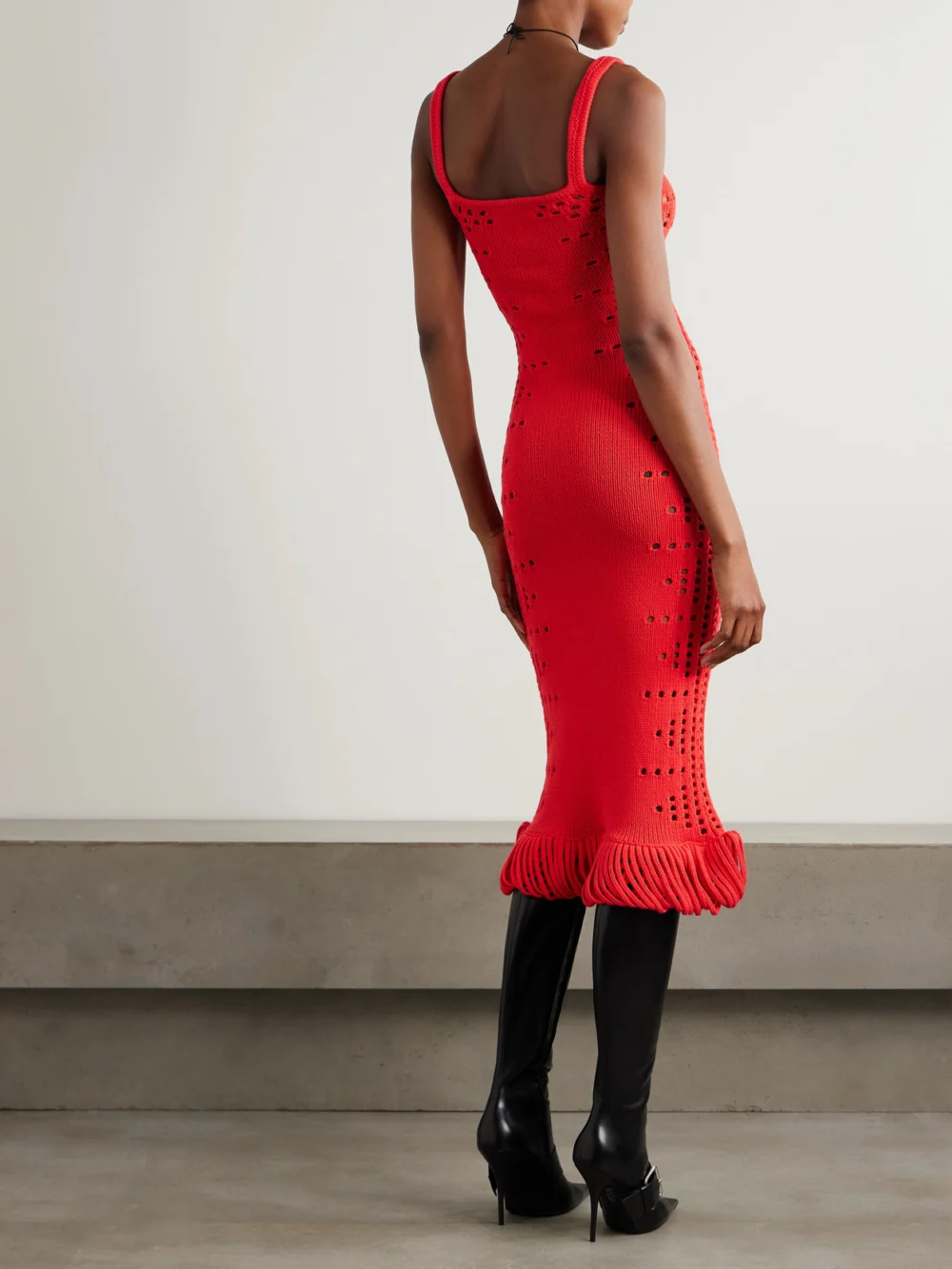 Back view of the Diotima Moore Fringed Pointelle-knit Cotton-blend Maxi Dress