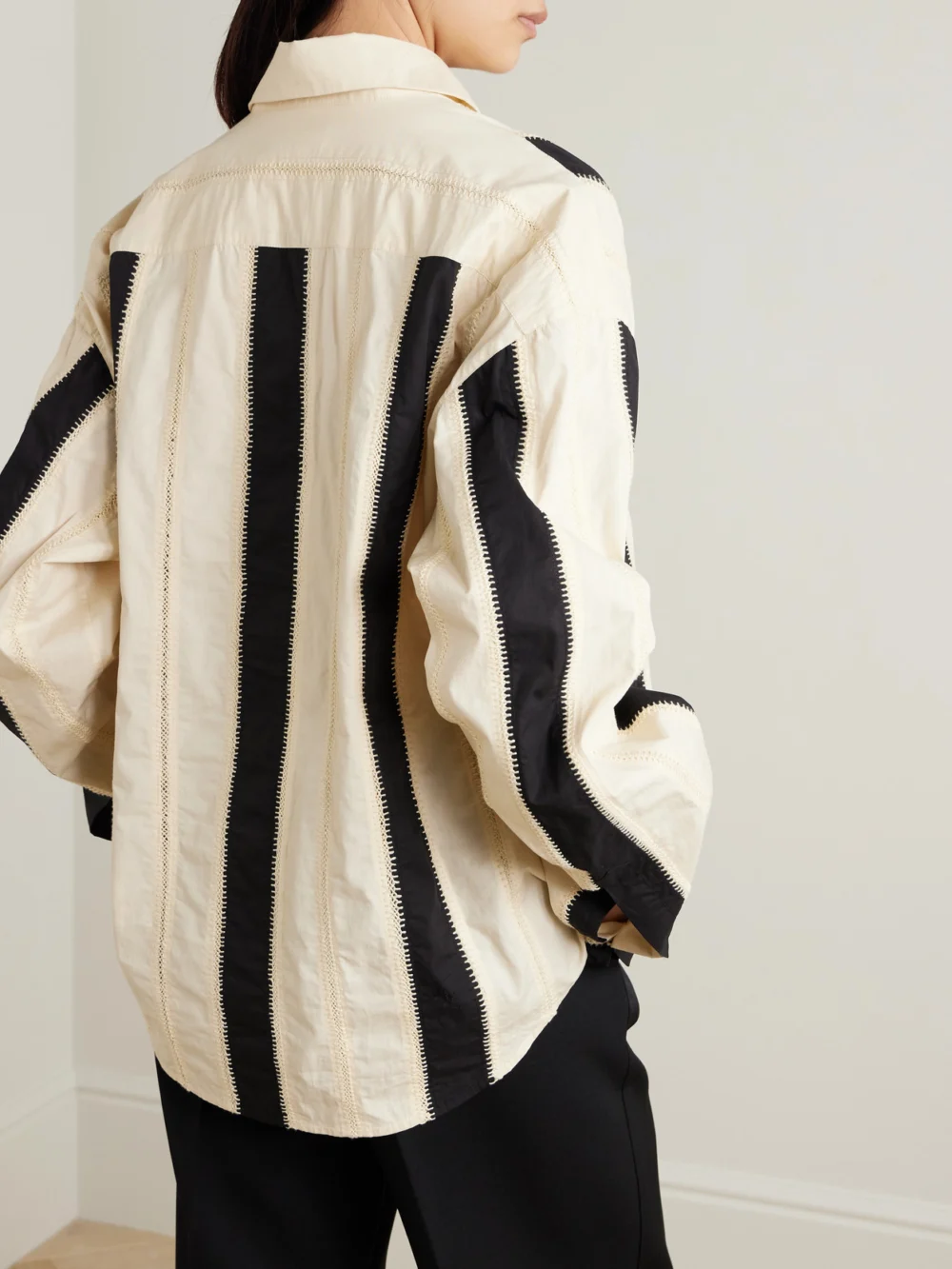 Back view of the Diotima Mossman Crochet-trimmed Striped Cotton-poplin Shirt