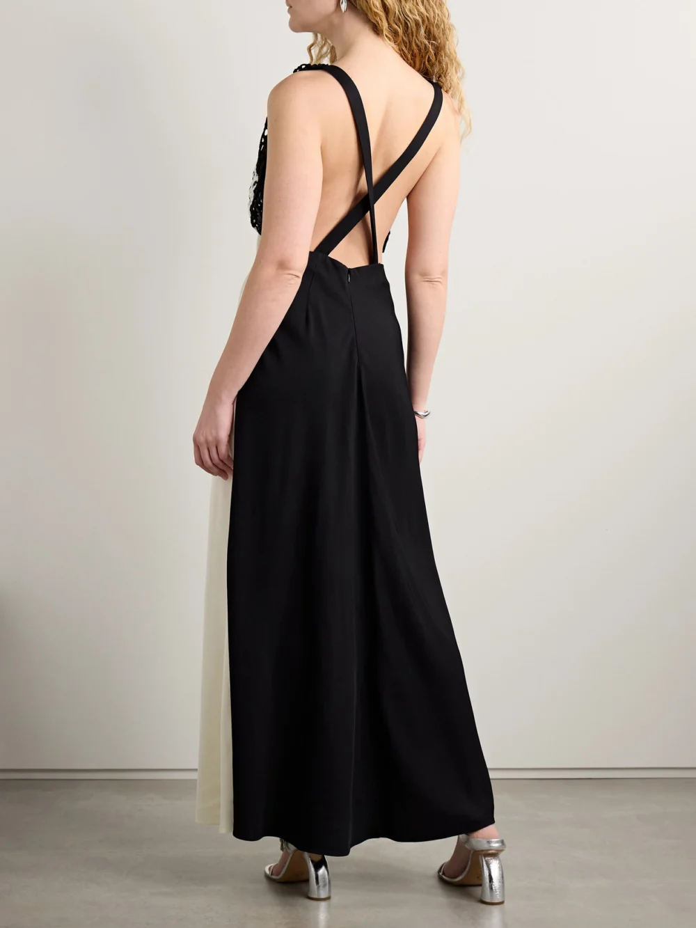 Back view of the Diotima Pavona Two-tone Crocheted Cotton-trimmed Twill Maxi Dress