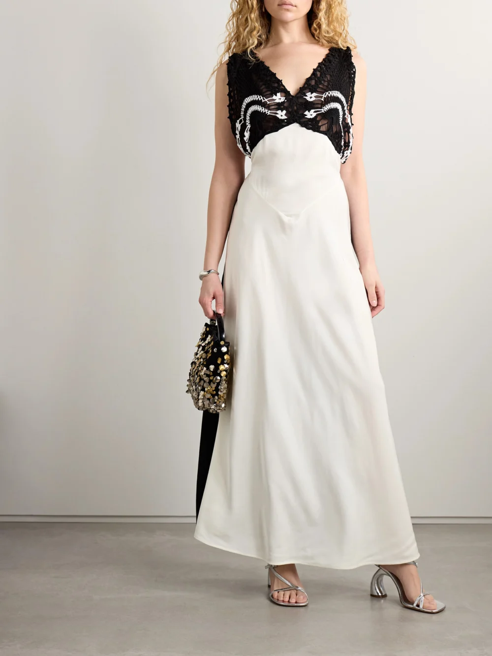 Diotima Pavona Two-tone Crocheted Cotton-trimmed Twill Maxi Dress, worn by a model