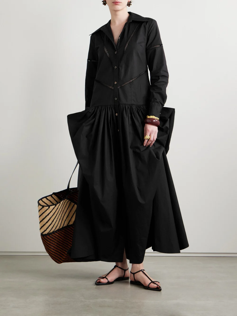 Diotima Ritual Crochet-trimmed Gathered Cotton-poplin Midi Shirt Dress, worn by a model