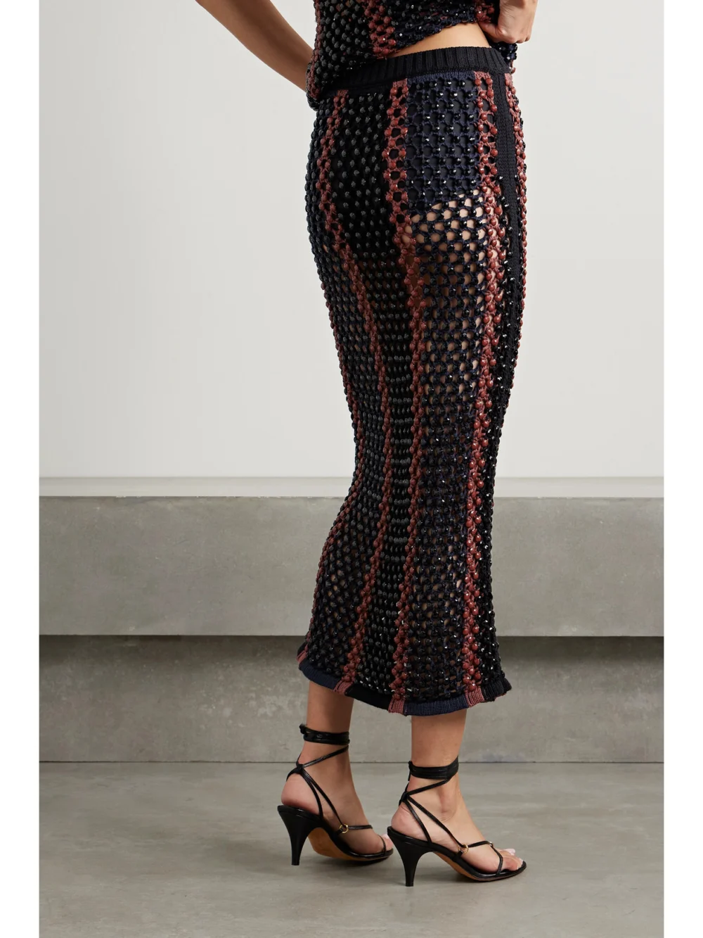 Back view of the Diotima Spice Beaded Crocheted Cotton-blend Maxi Skirt