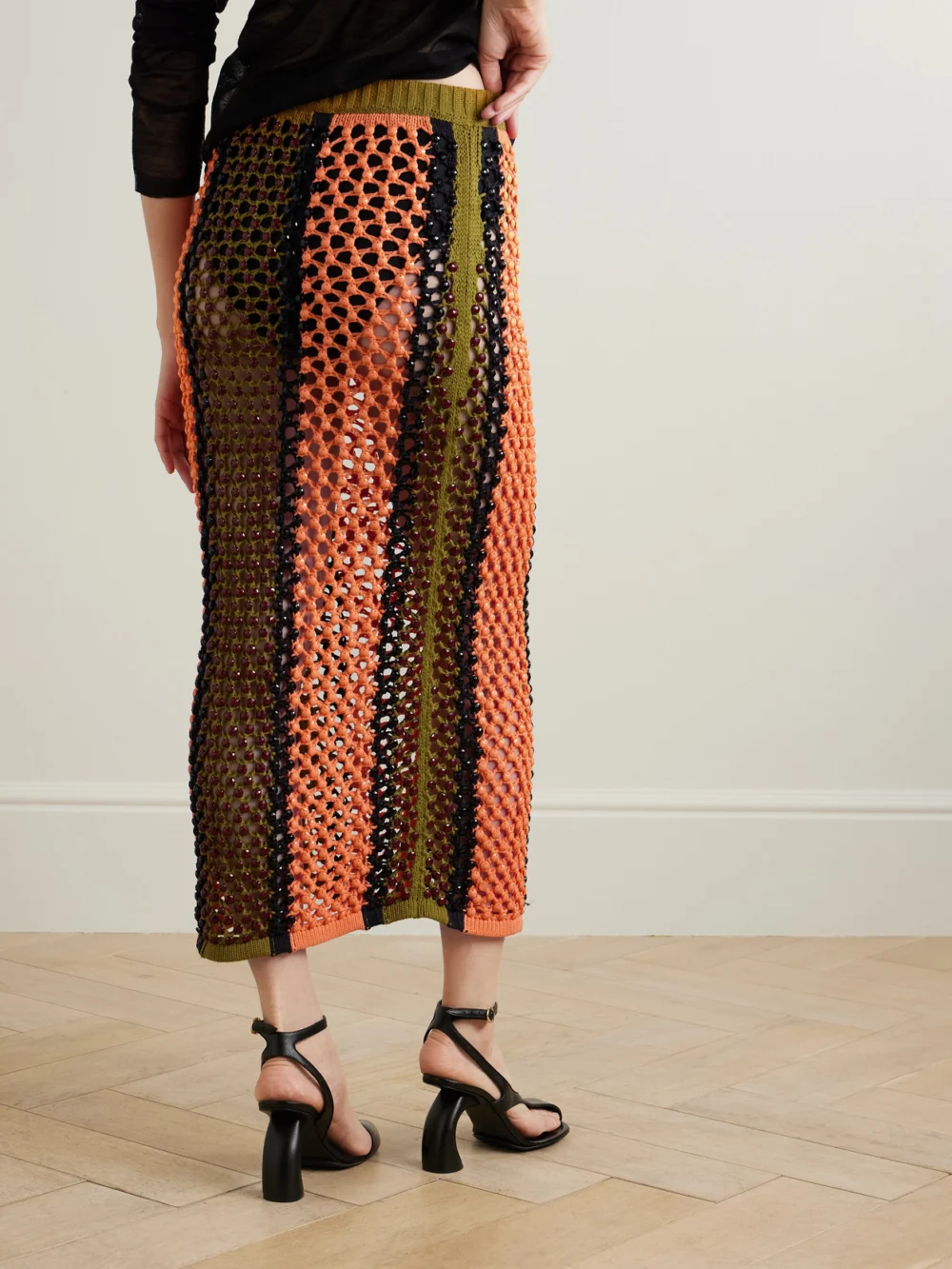 Back view of the Diotima Spice Beaded Striped Knitted Cotton-blend Maxi Skirt