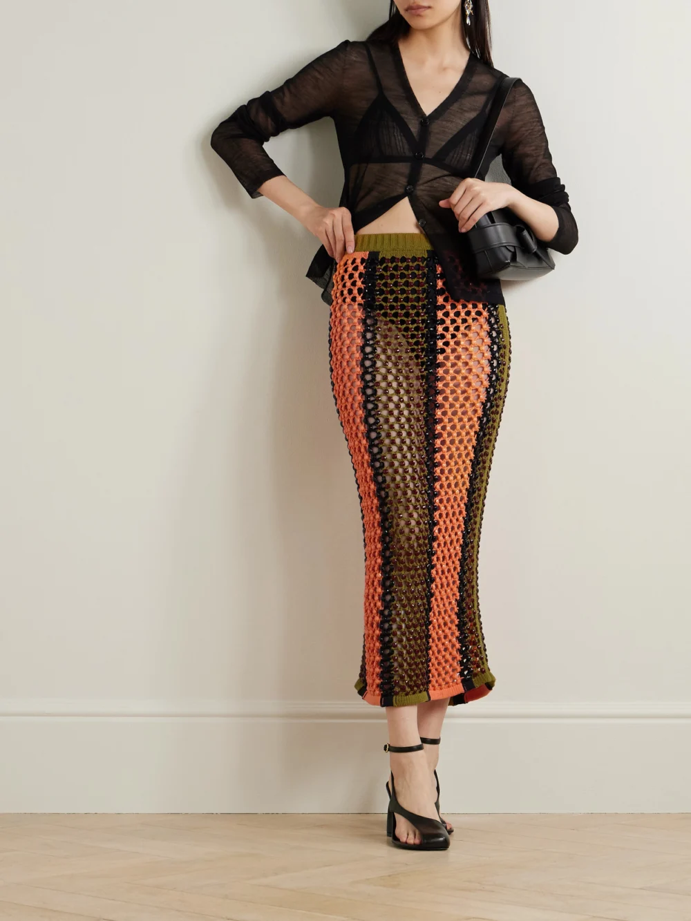Diotima Spice Beaded Striped Knitted Cotton-blend Maxi Skirt, worn by a model