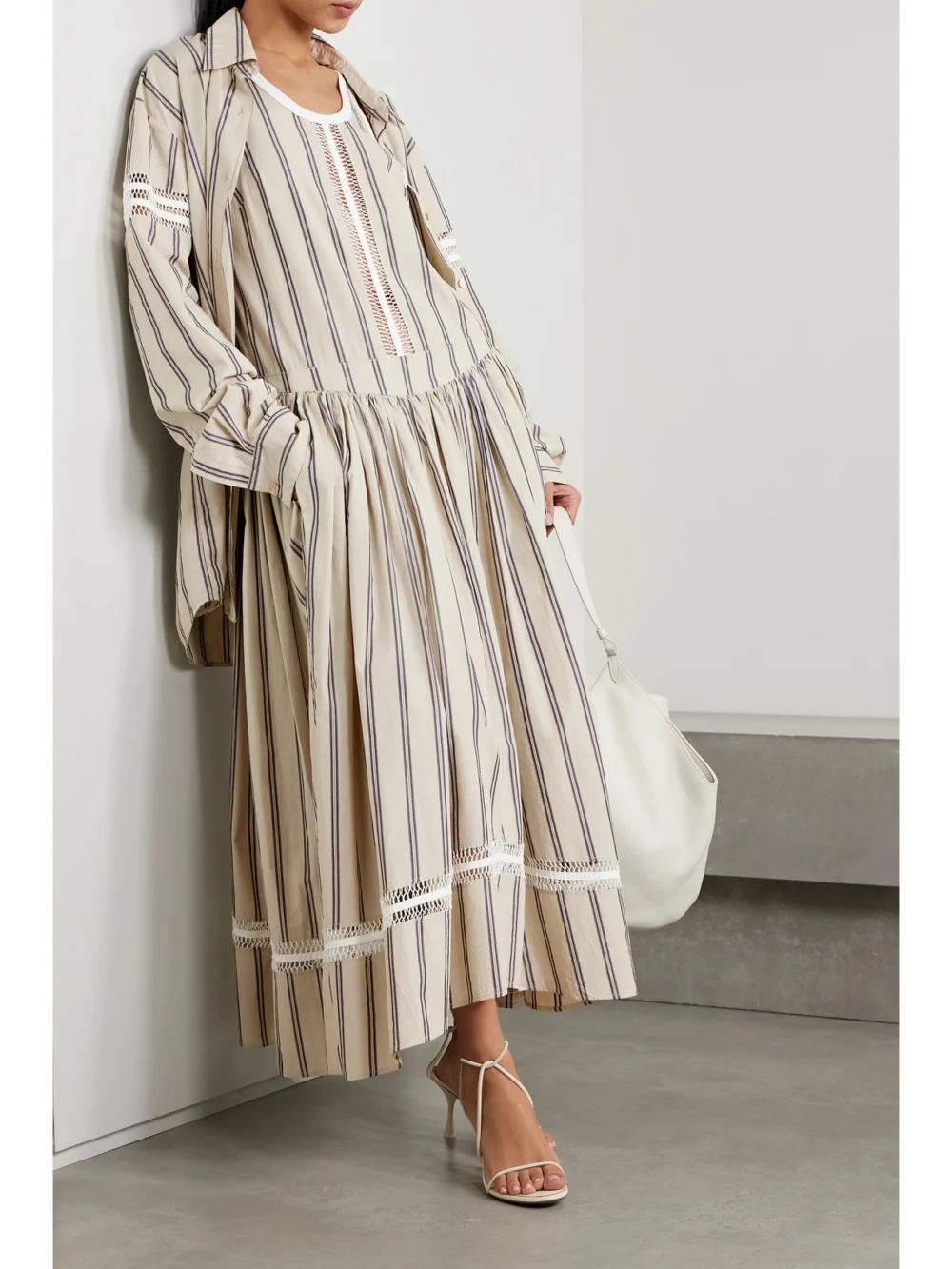 Diotima Winston Crochet-trimmed Striped Cotton-poplin Shirt, worn by a model
