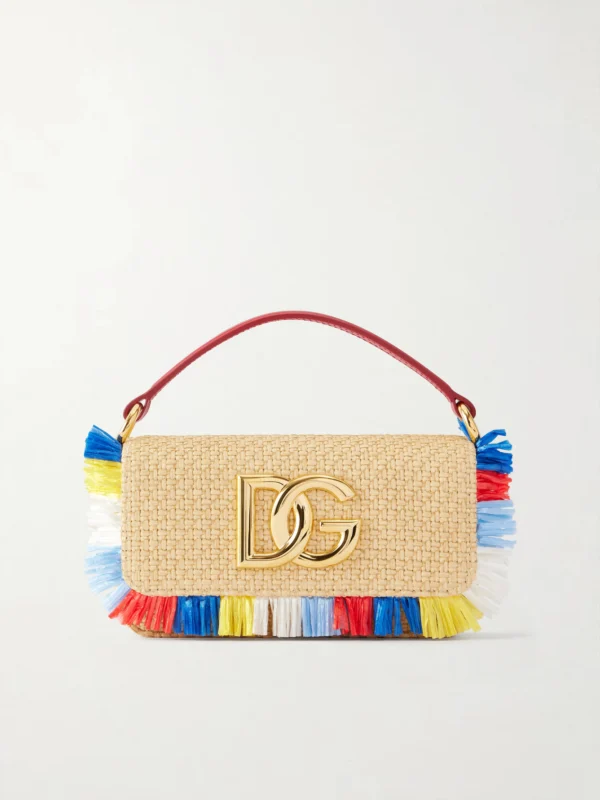 Dolce & Gabbana 3.5 Logo-embellished Fringed Leather-trimmed Raffia Shoulder Bag