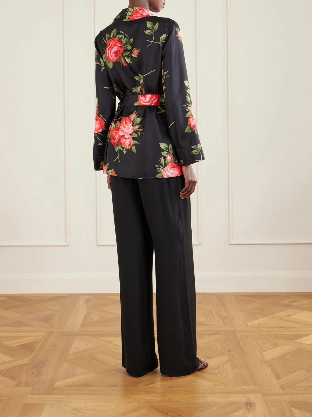 Back view of the Dolce & Gabbana Belted Floral-print Silk-twill Shirt