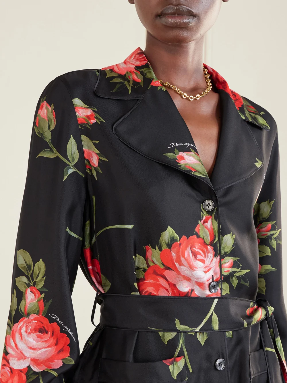 Close-up detail of the Dolce & Gabbana Belted Floral-print Silk-twill Shirt