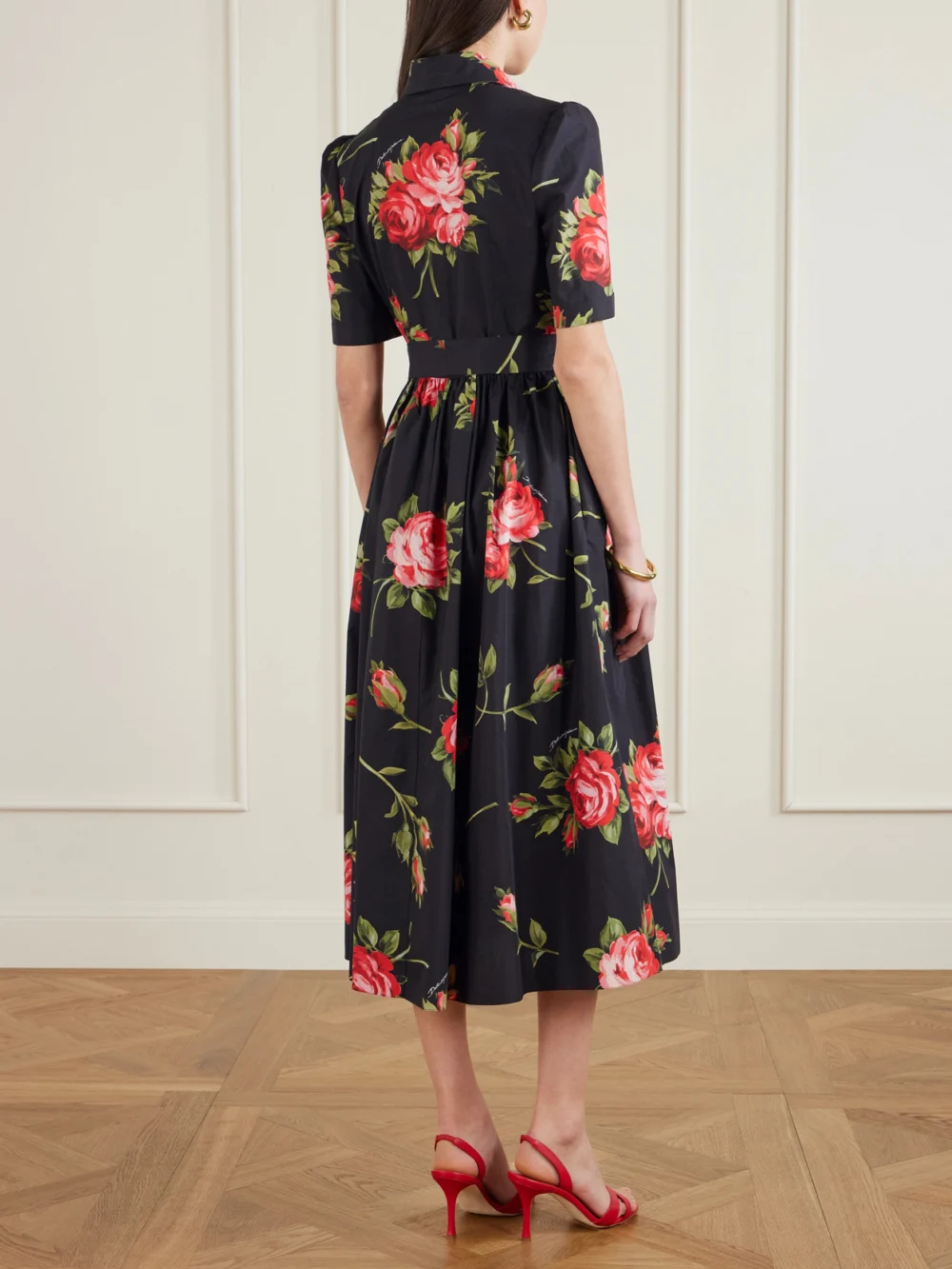Back view of the Dolce & Gabbana Belted Gathered Floral-print Cotton-poplin Midi Dress