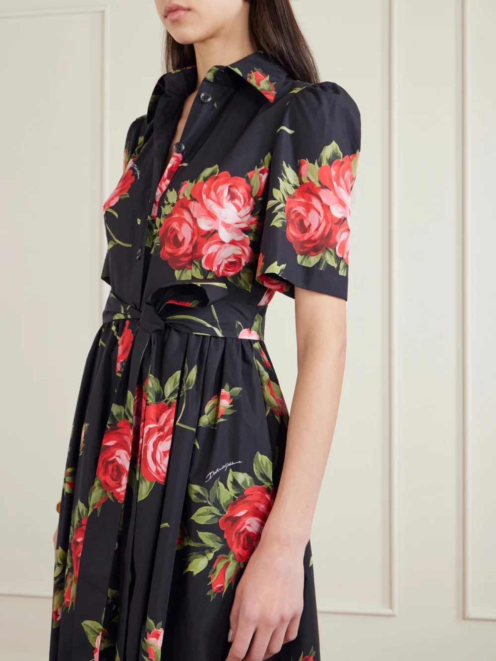 Close-up detail of the Dolce & Gabbana Belted Gathered Floral-print Cotton-poplin Midi Dress