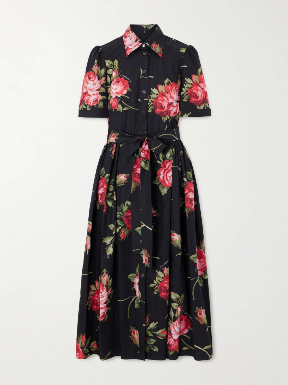 Dolce & Gabbana Belted Gathered Floral-print Cotton-poplin Midi Dress in black