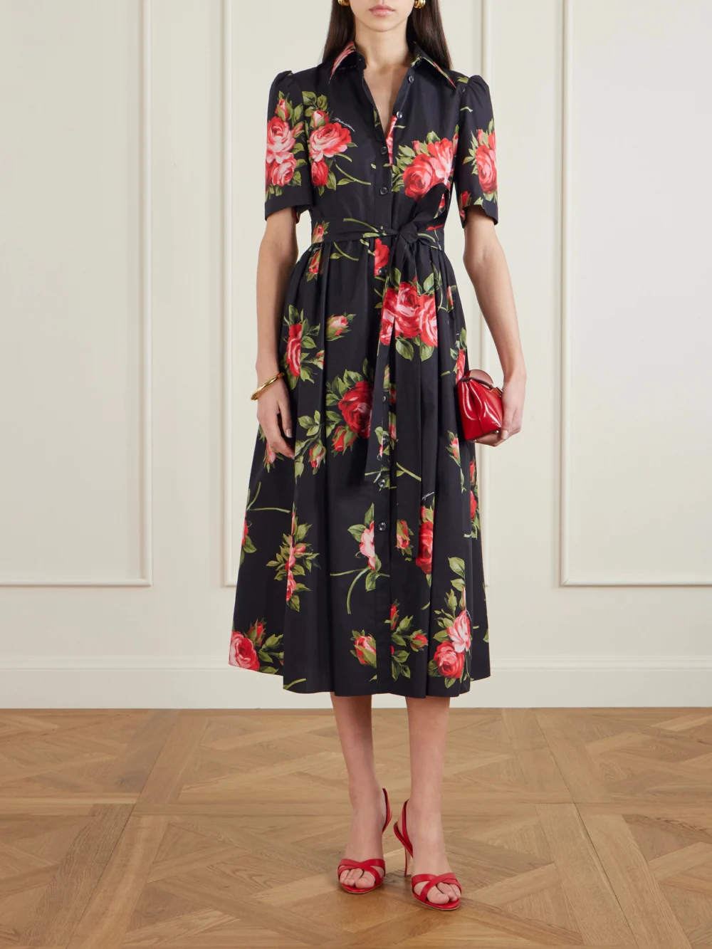 Dolce & Gabbana Belted Gathered Floral-print Cotton-poplin Midi Dress, worn by a model