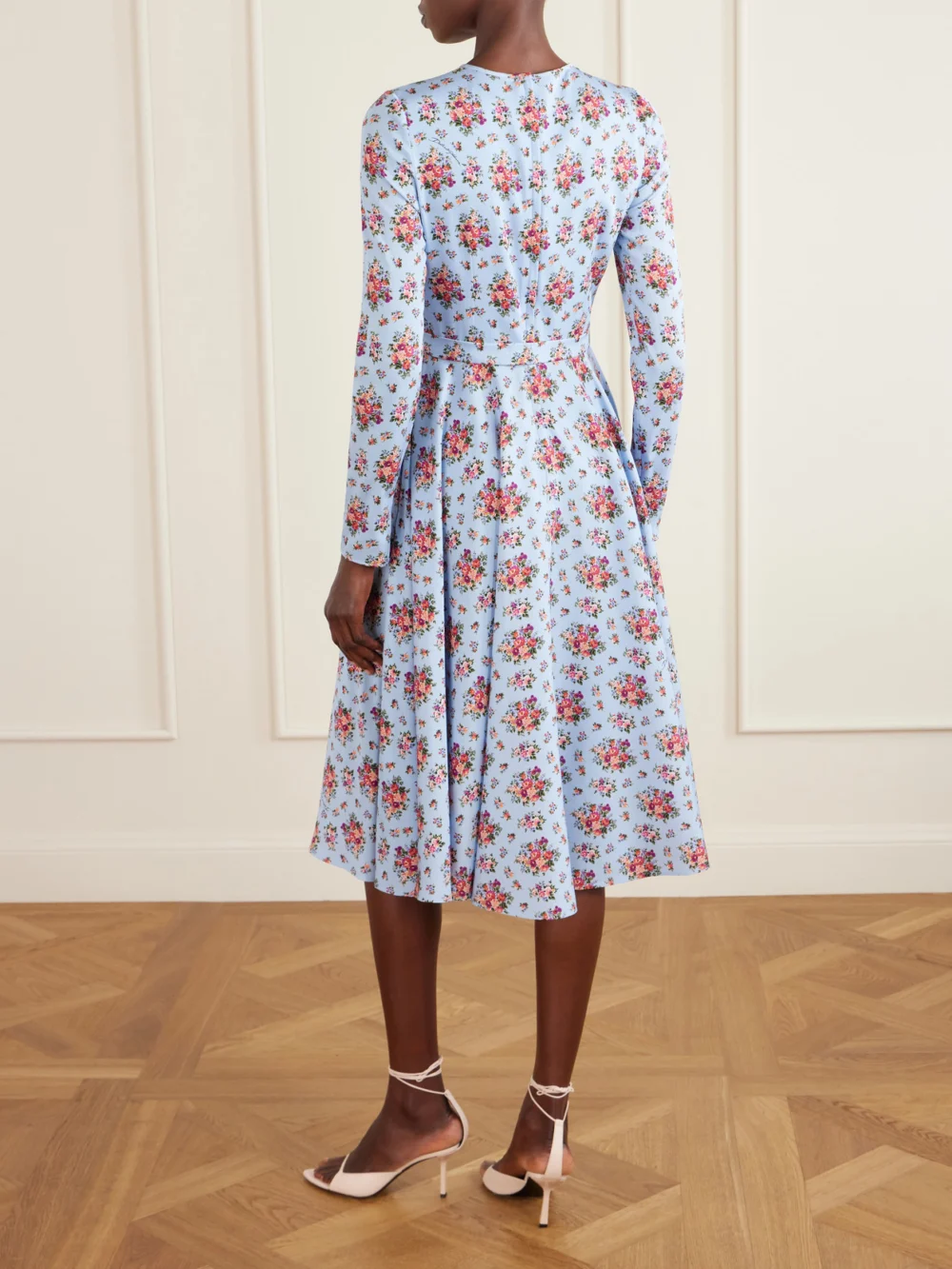 Back view of the Dolce & Gabbana Belted Gathered Floral-print Silk-blend Midi Dress