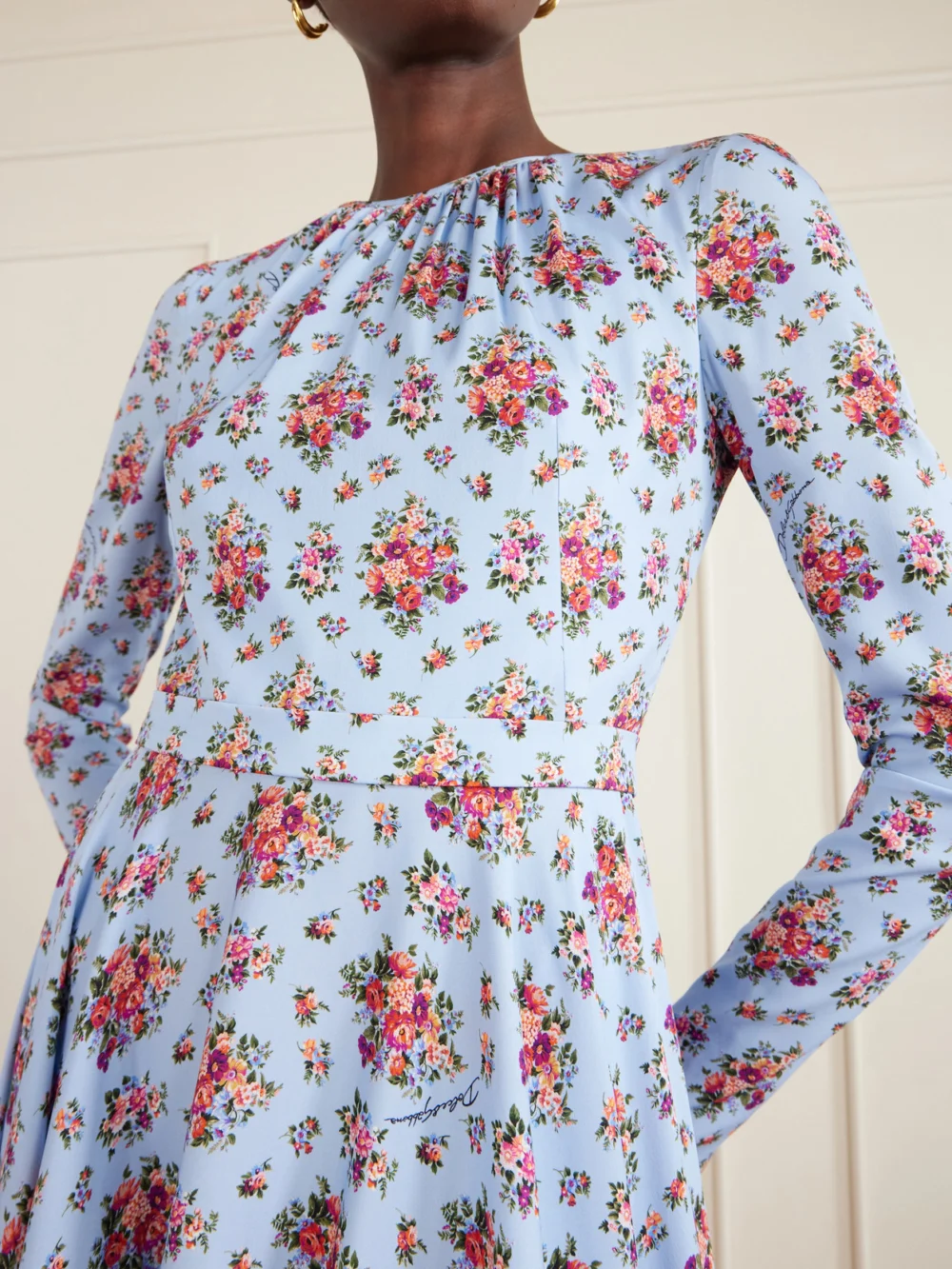 Close-up detail of the Dolce & Gabbana Belted Gathered Floral-print Silk-blend Midi Dress