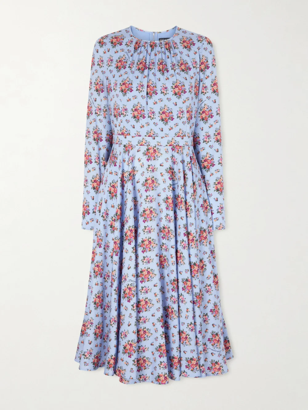Dolce & Gabbana Belted Gathered Floral-print Silk-blend Midi Dress in light blue