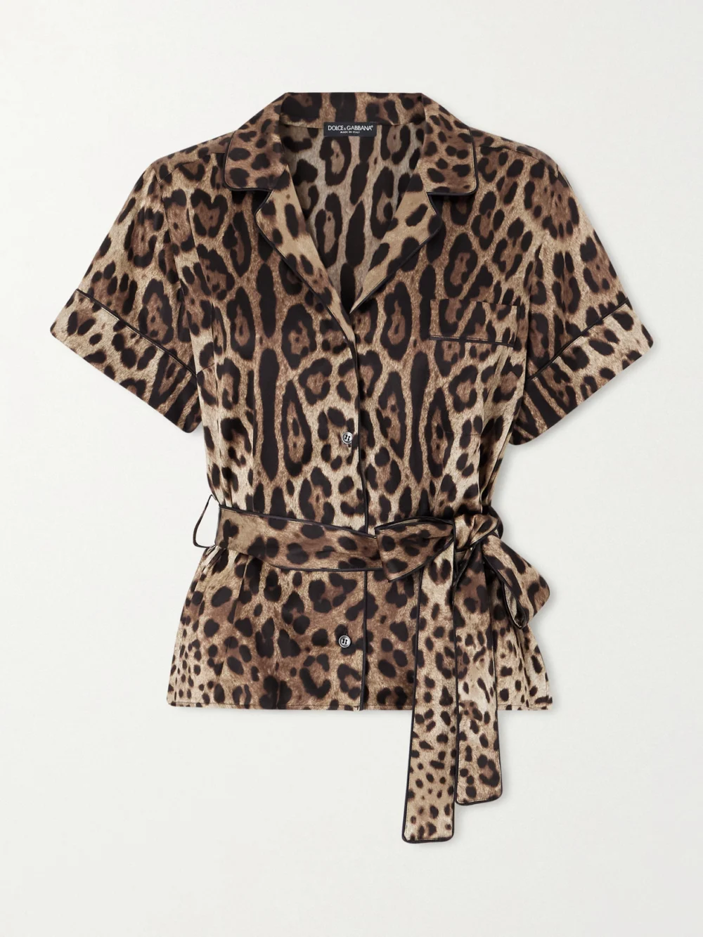 Dolce & Gabbana Belted Piped Leopard Print Silk-blend Satin Shirt in it40