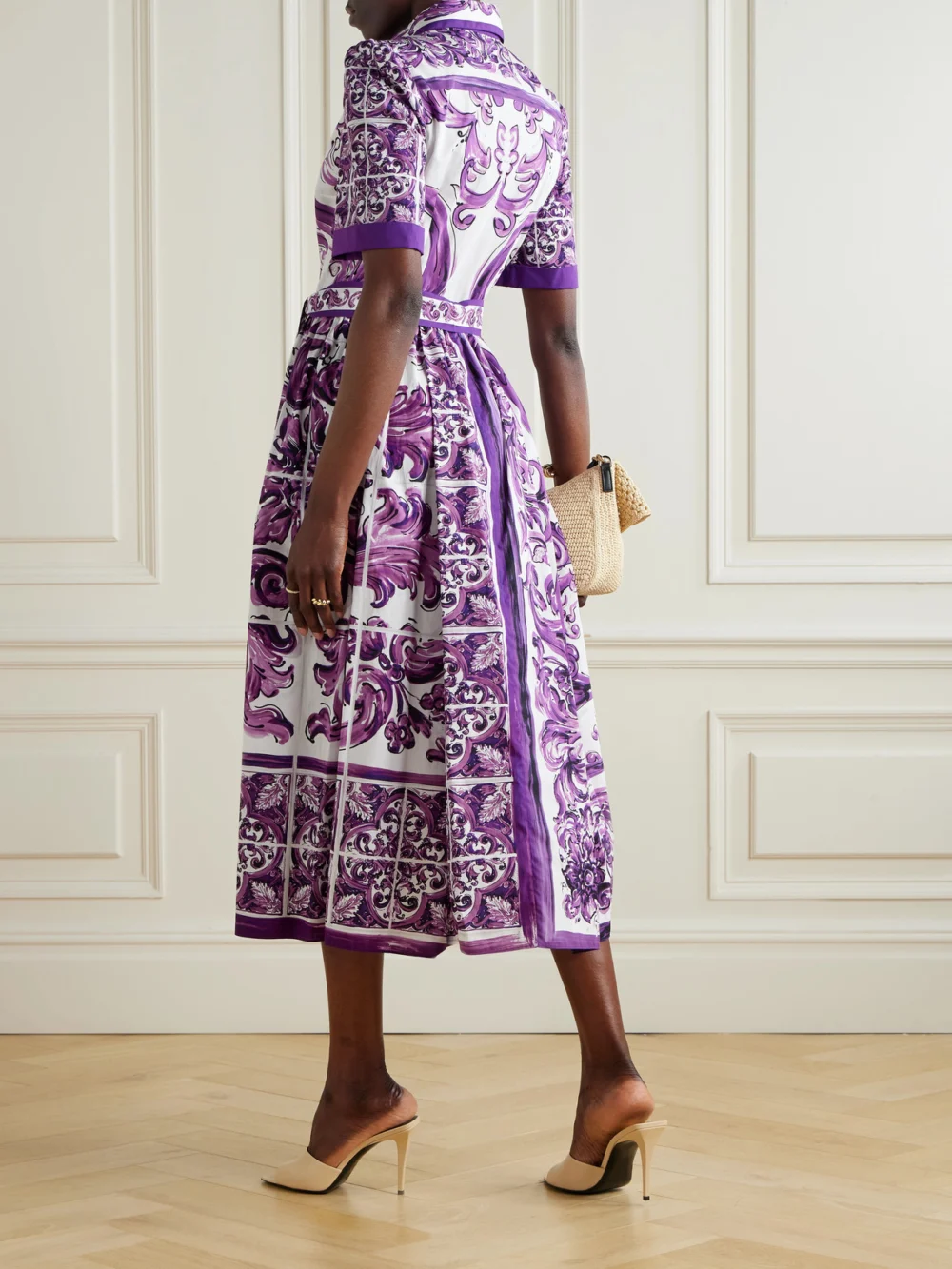 Back view of the Dolce & Gabbana Belted Printed Cotton-poplin Midi Shirt Dress