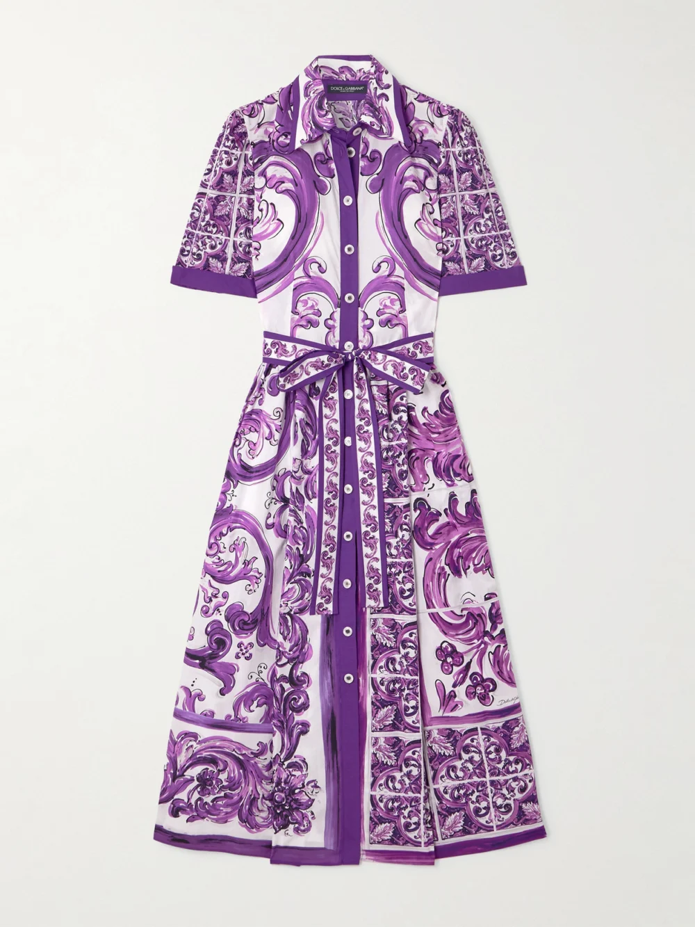 Dolce & Gabbana Belted Printed Cotton-poplin Midi Shirt Dress in purple