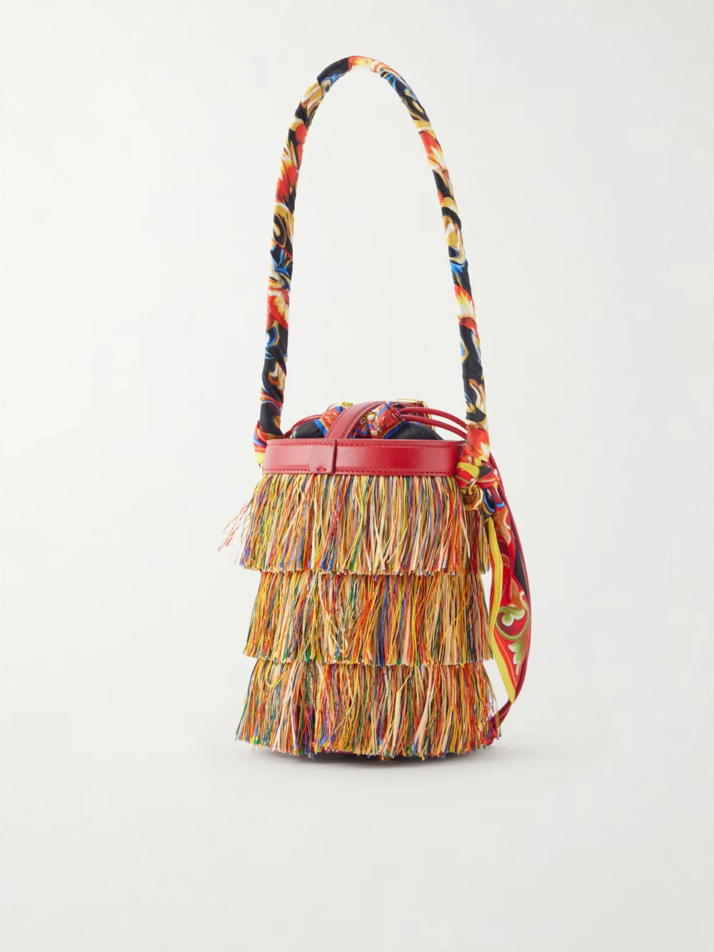 Back view of the Dolce & Gabbana Capri Fringed Leather and Twill-trimmed Raffia Bucket Bag